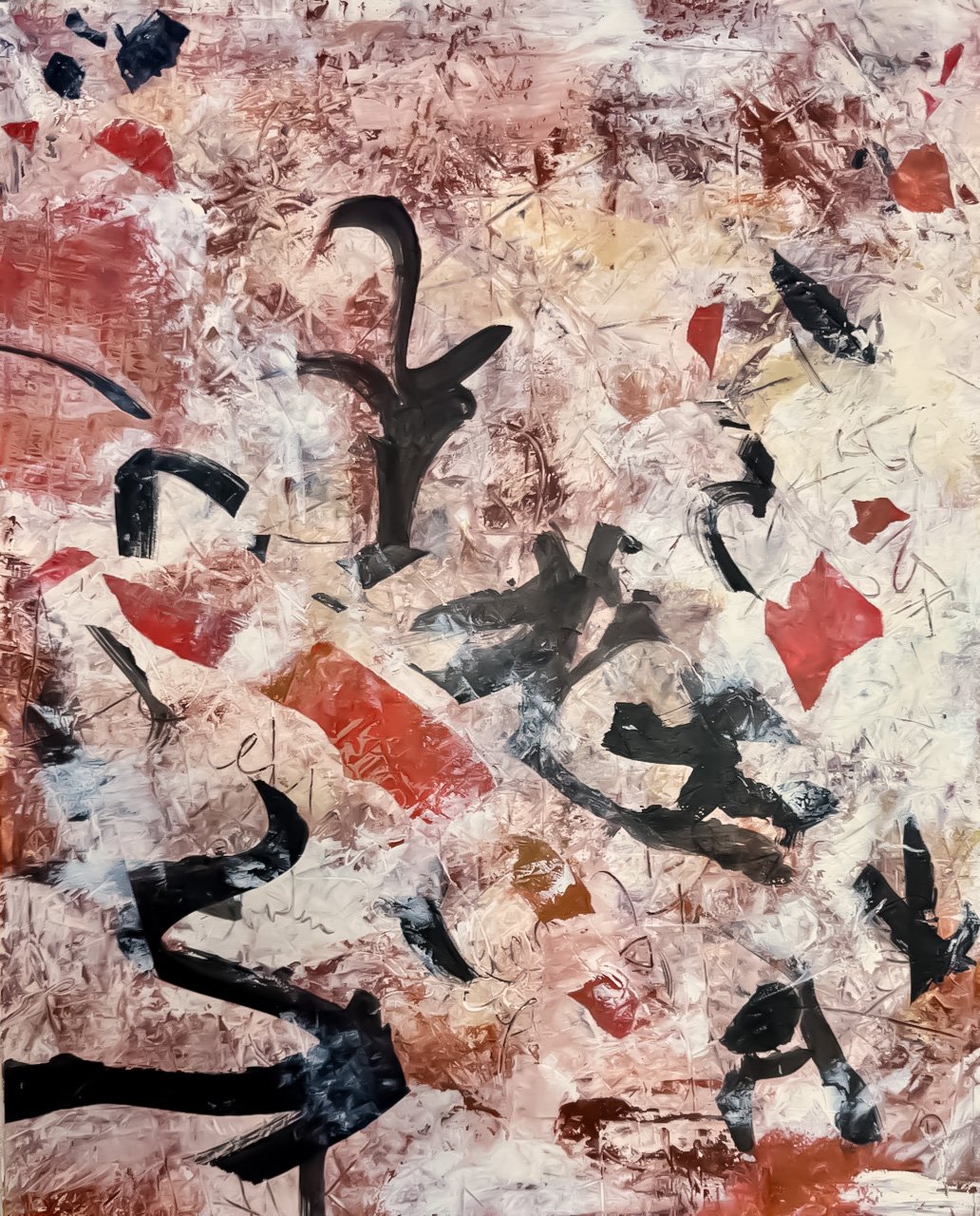 Heart Song, oil, cold wax medium, & collage on Stonehenge Oil paper, 16x20", June, 2025.