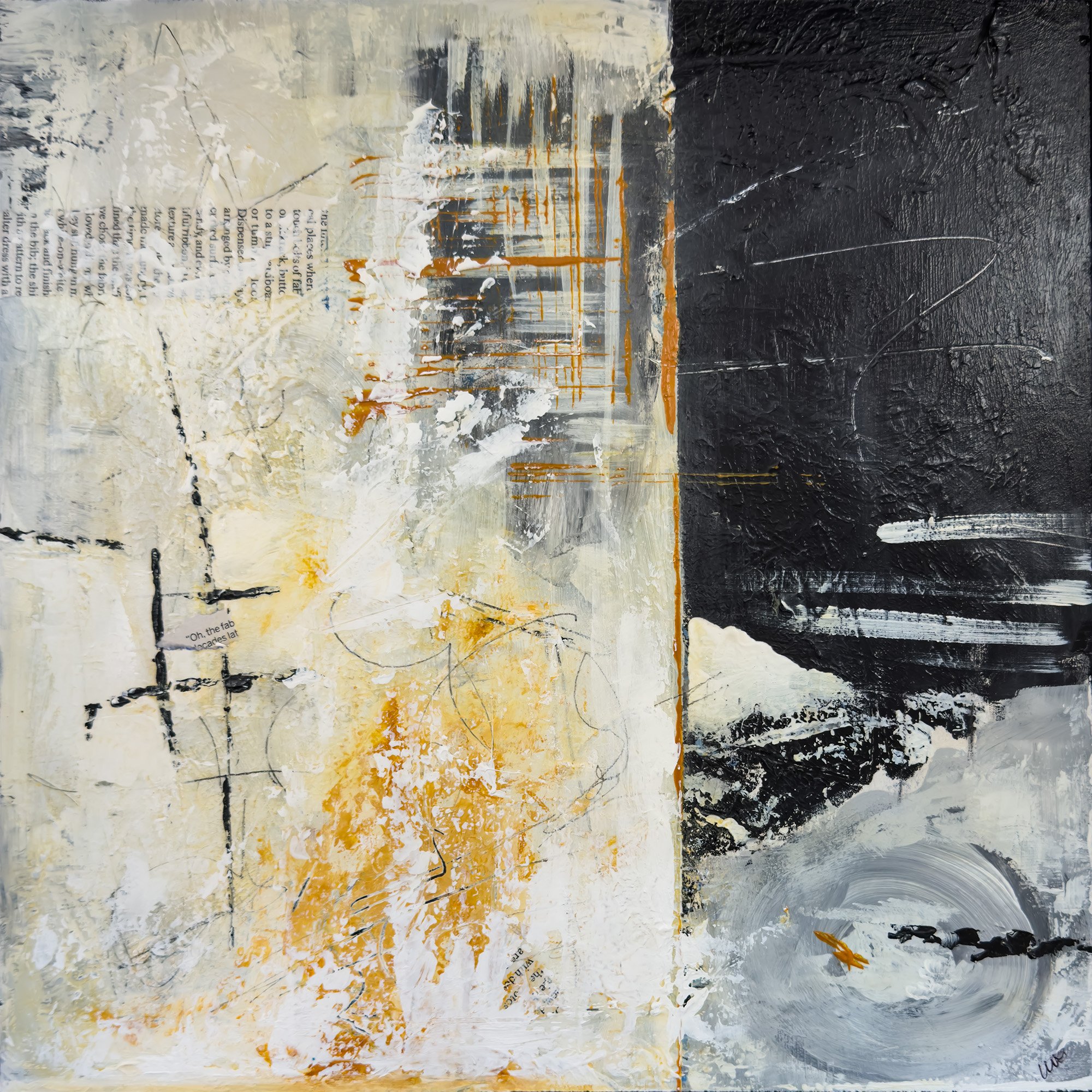 Confluence, acrylic and collage on cradled board, framed, 10x10", May, 2025.