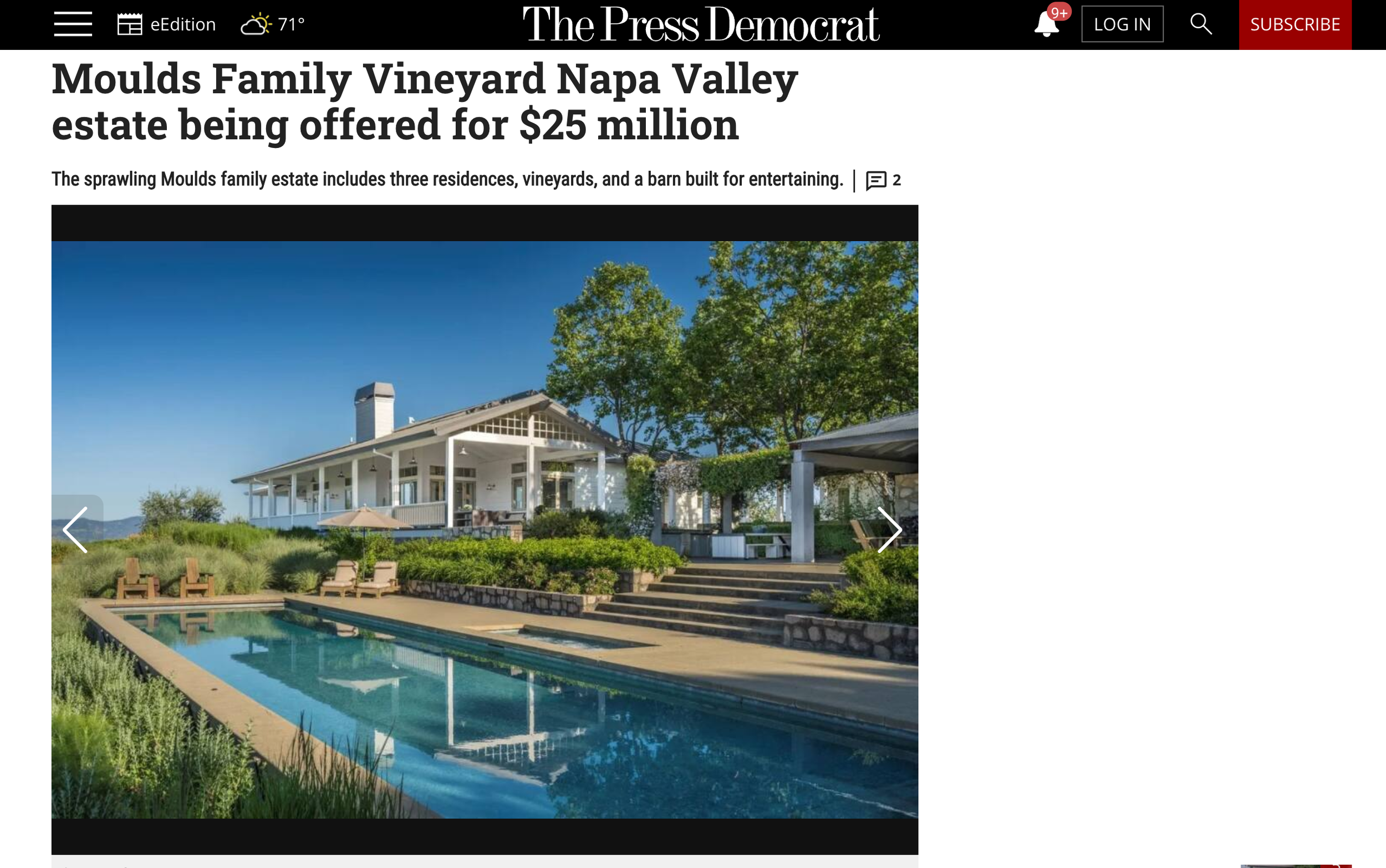 Moulds Family Vineyard Napa Valley estate being offered for $25 million