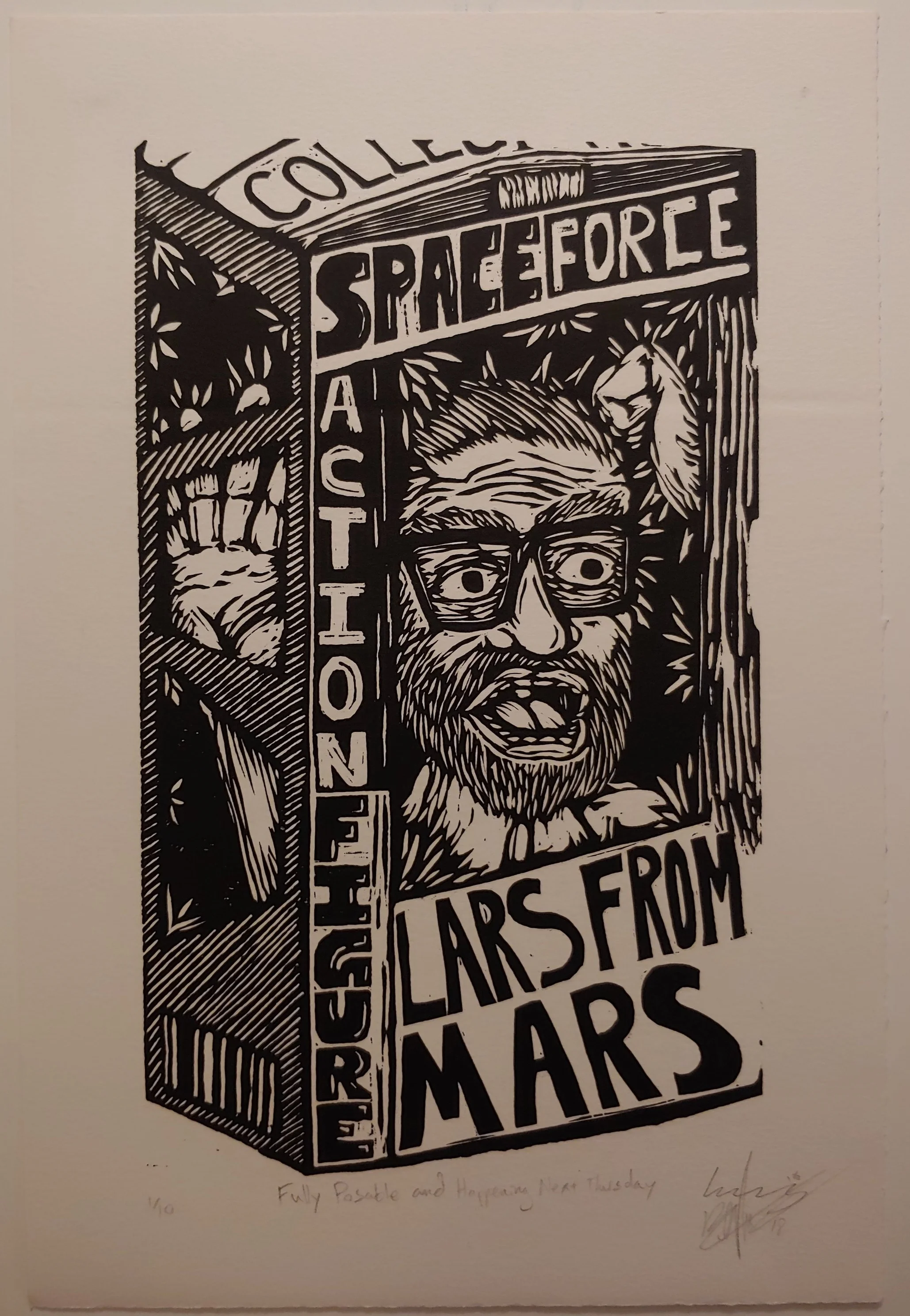 Fully Posable and Happening Next Thursday Woodcut 10.5 x 15.5