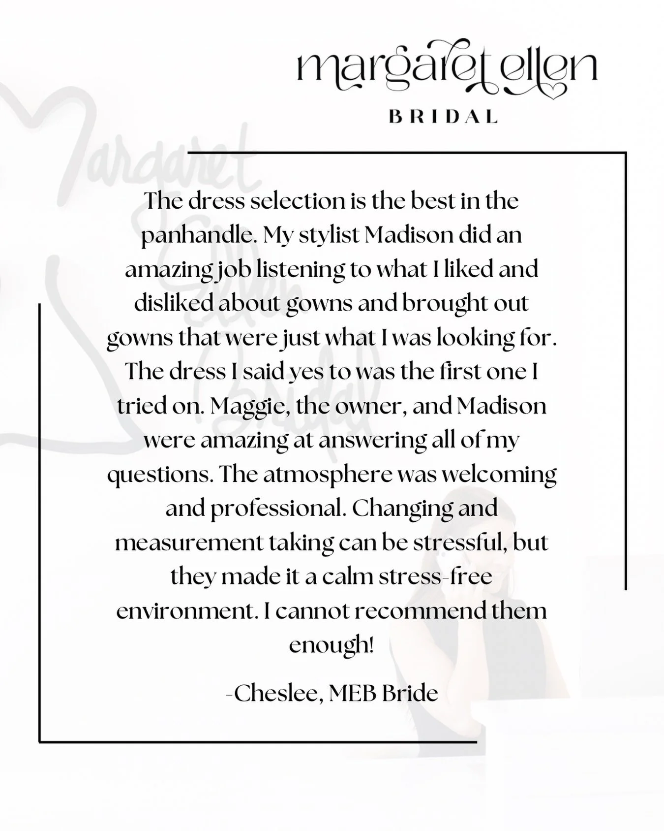 Happy Thursday everyone✨ Thank you Cheslee for these sweet words! We had the best time helping you find the perfect dress! Feeling so grateful today for our MEB brides and the friendships that have been created. You mean the absolute world to us! CHE