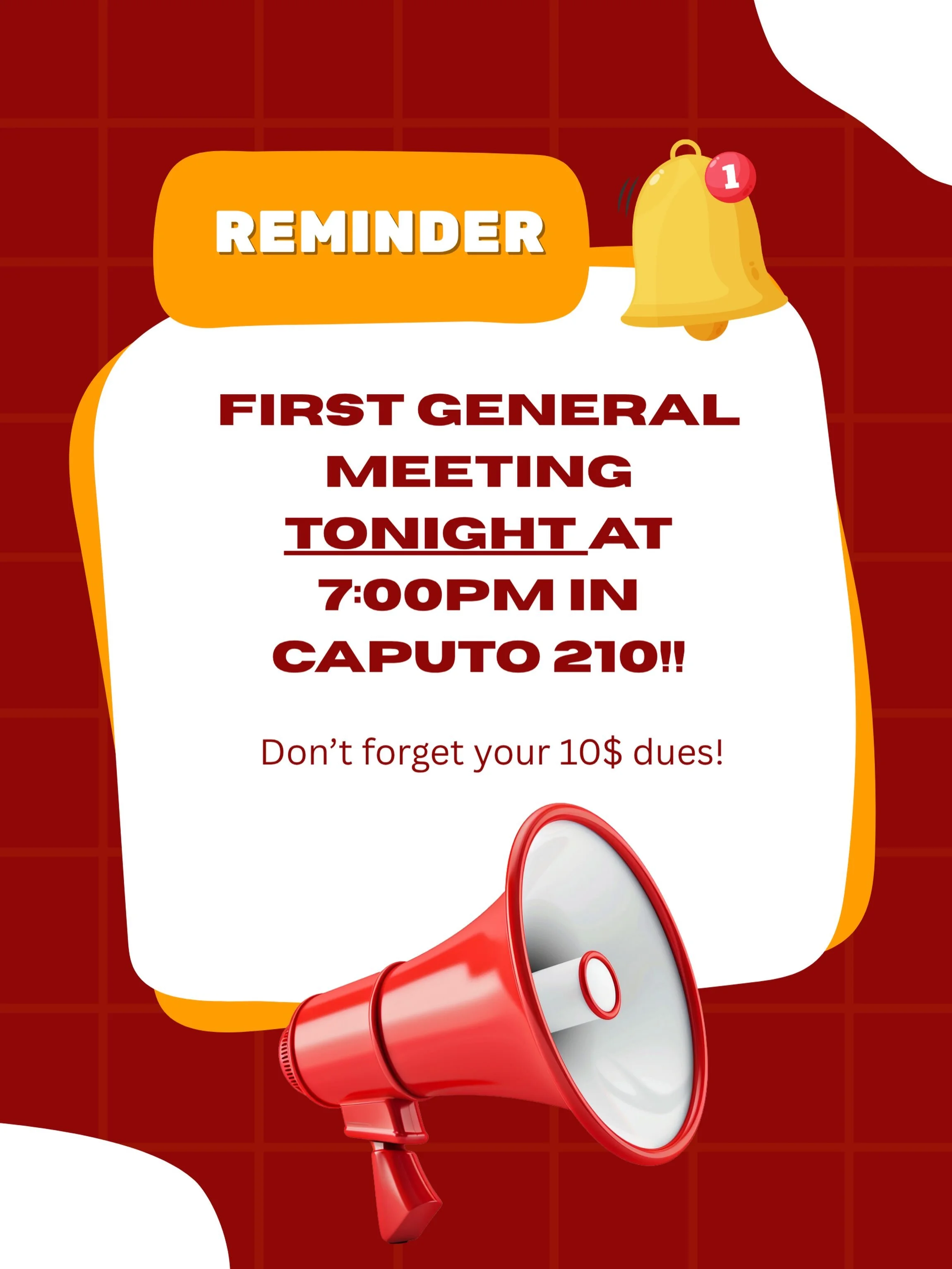 Don&rsquo;t forget that our first general meeting is TONIGHT at 7pm in Caputo 210!!! Please have your Corq apps downloaded and ready for your event passes to be scanned upon entry! Don&rsquo;t forget to bring your 10$ dues too!