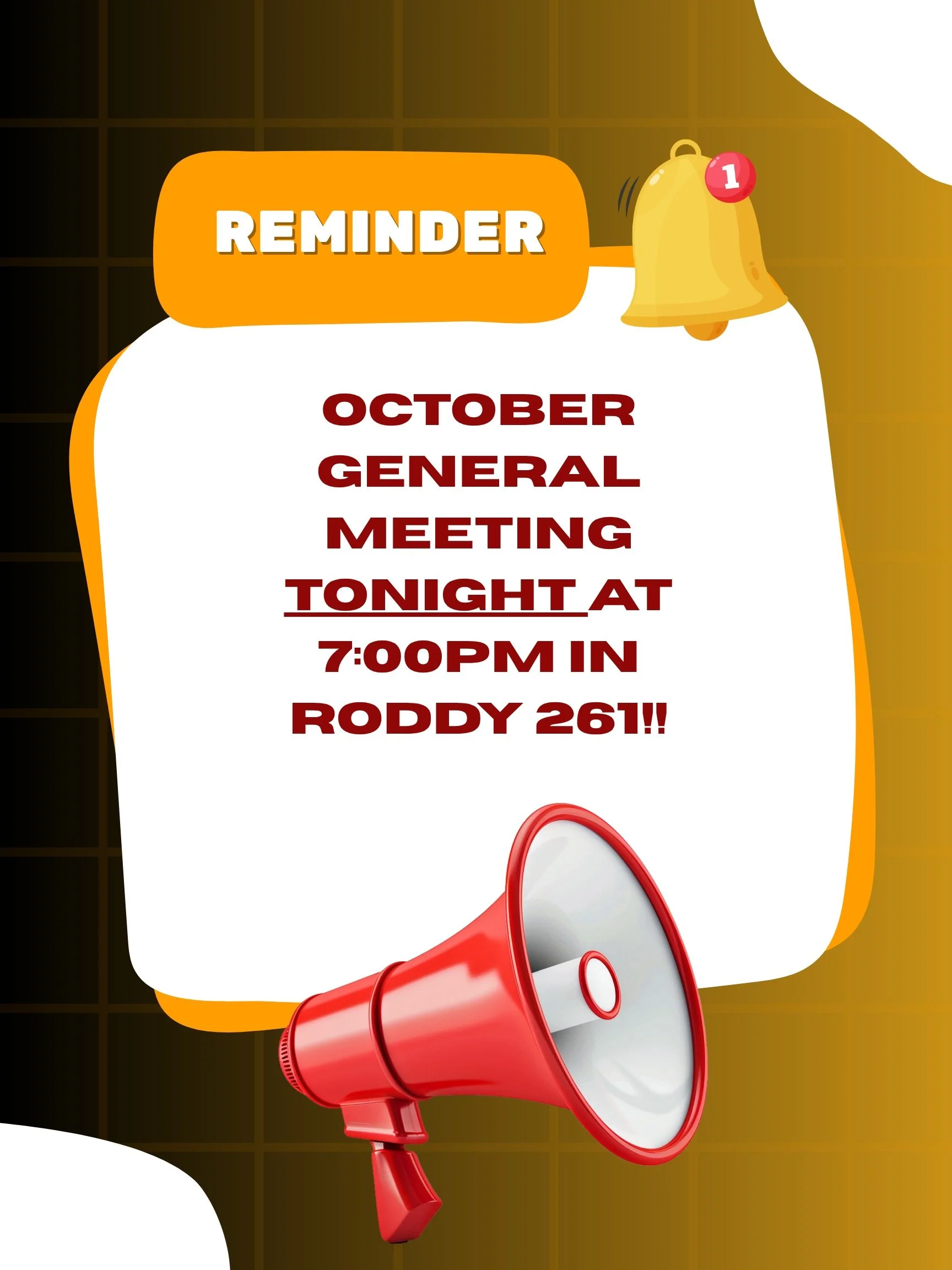 Don&rsquo;t forget that our first general meeting is TONIGHT at 7pm in Roddy 261!!! Please have your Corq apps downloaded and ready for your event passes to be scanned upon entry! Don&rsquo;t forget to bring your 10$ dues too!