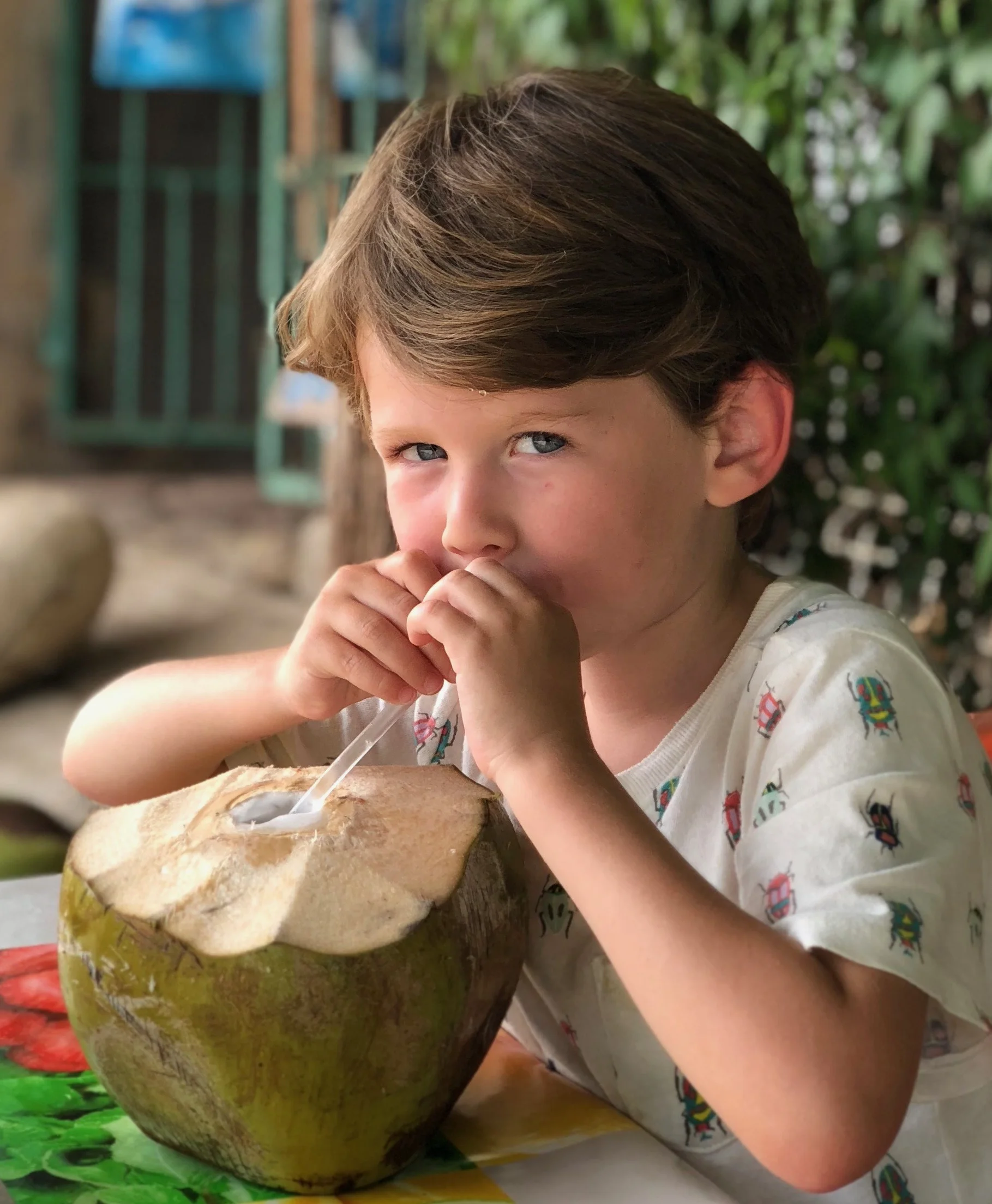 On this day, Coco Crema was not available so Anderson and I enjoyed the fresh coconut water straight from the natural container. The plastic straw went against our no single use plastic motto but it was there before we had a chance to refuse. We re-purposed it as part of the play building materials for Anderson’s construction site.