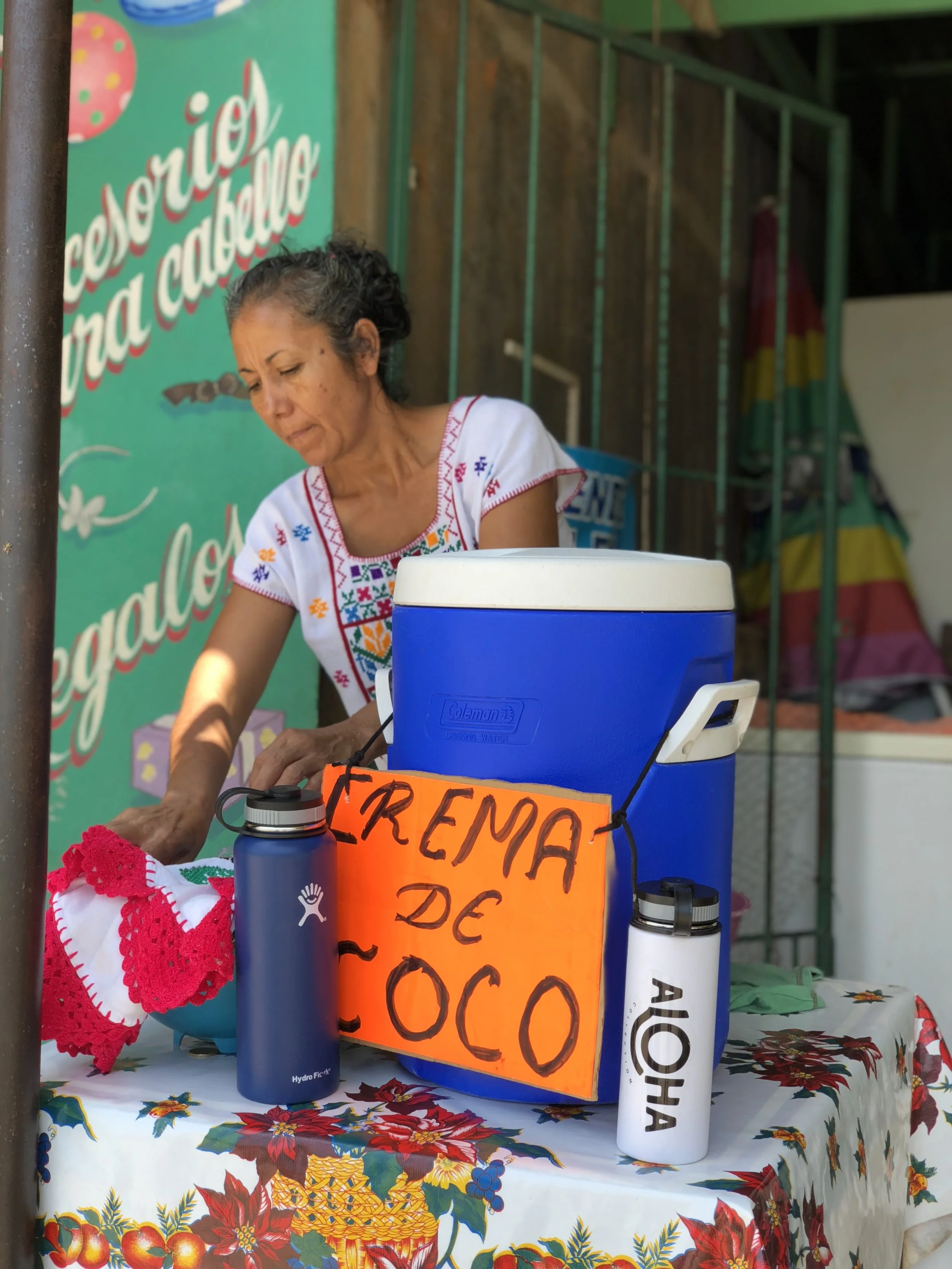 Ninfa has been selling her homemade Coconut Cream here for years. Traditionally people drink it out of a plastic baggie that is tied at the top for transport home. We dedicated 2 of our hydroflask waterbottles to house the cream and avoid the plastic all together.