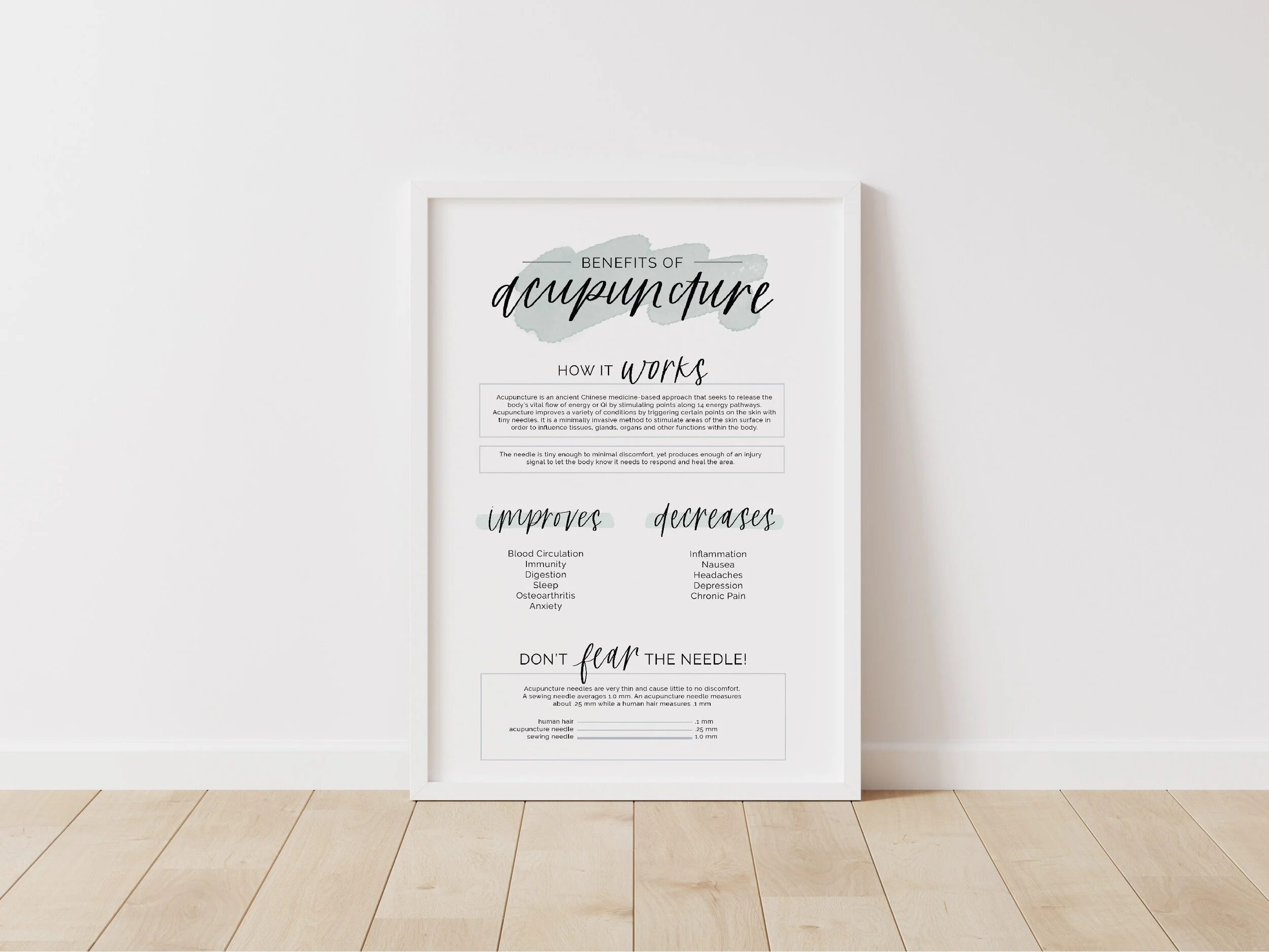 Benefits of Acupuncture Poster | Don’t fear the needle | Qi
