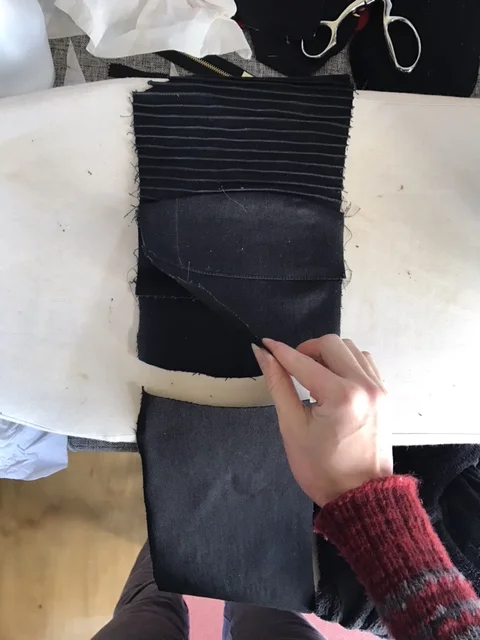 Enter: hastily snapped in-progress photos. At this stage, you can see the outer and inner knee pads, and I’ve stitched the curved tops to the thigh piece.