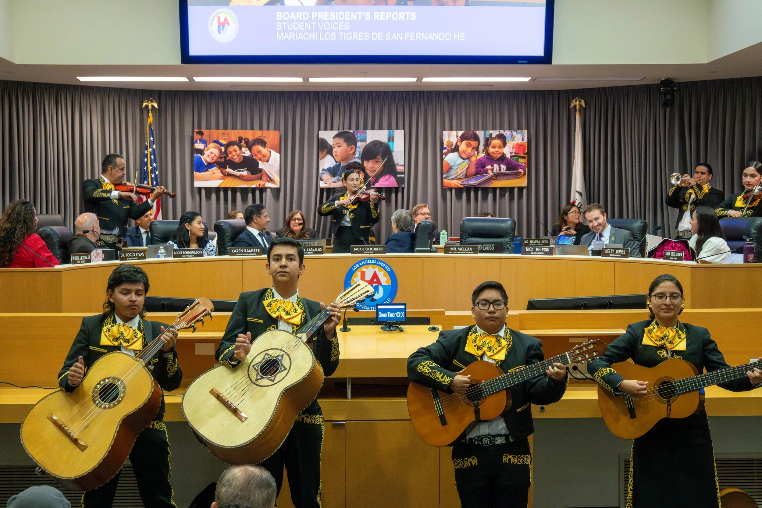 Students from the San Fernando High Mariachi Band perform at a Board meeting for Hispanic Heritage Month