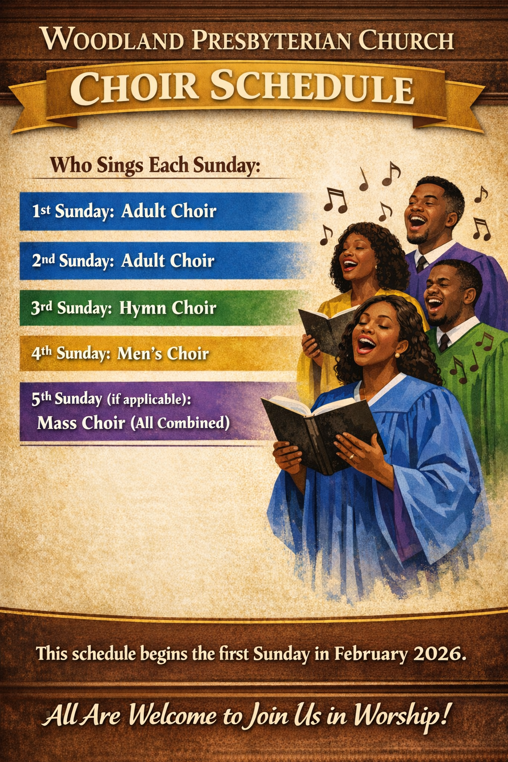 Schedule of church choir groups singing on Sundays, with an illustration of diverse choir members singing and holding hymn books.