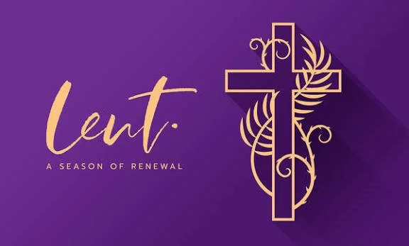 Purple background with gold cross intertwined with decorative leaves and the word "Lent" followed by the phrase "A Season of Renewal."