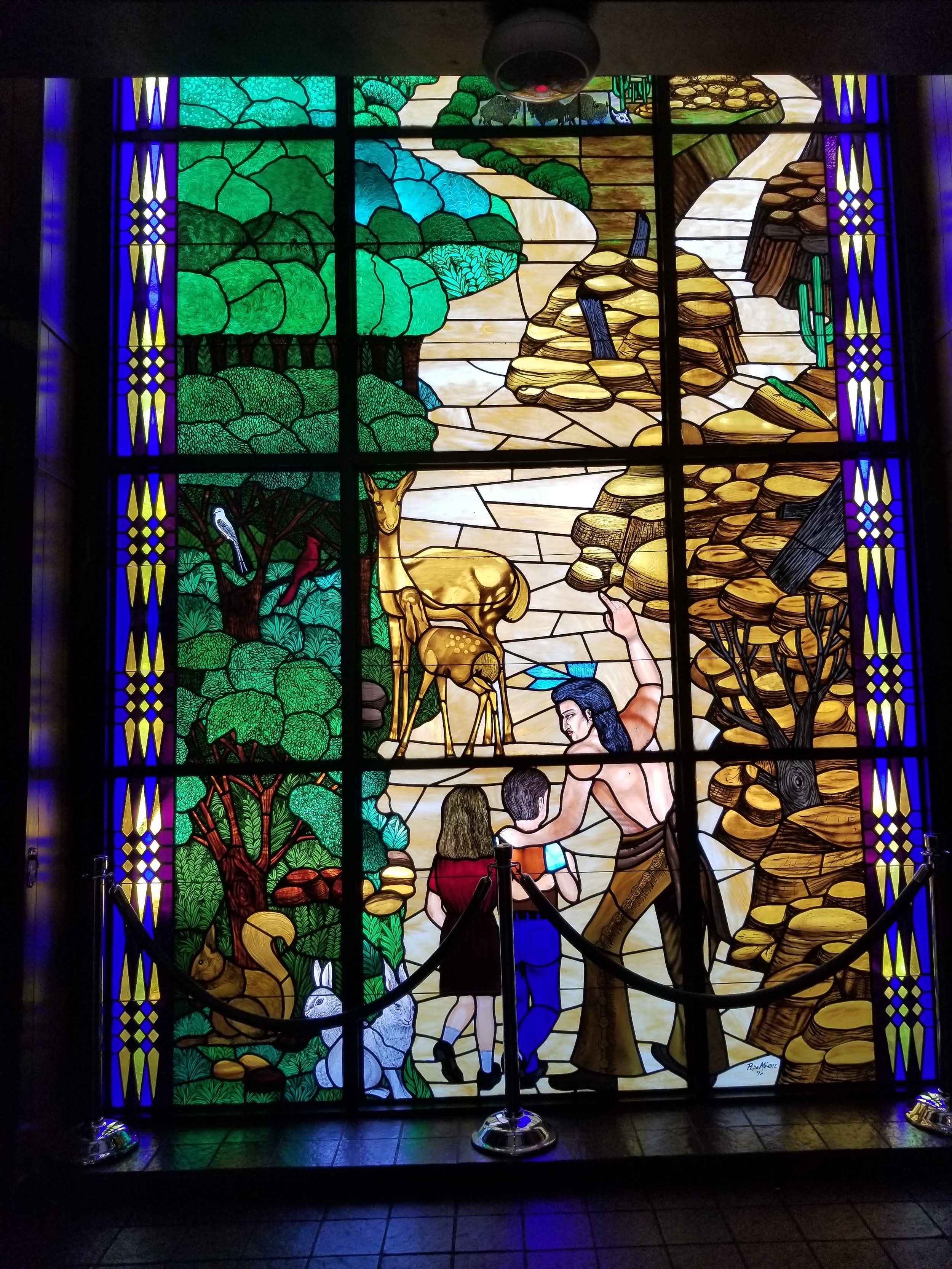 This beautiful stained glass was part of the Heritage Center. The Heritage Center had AC, restrooms, table and chairs and played movies about Woolaroc. It was the perfect spot to have our picnic lunch and get a break from the heat