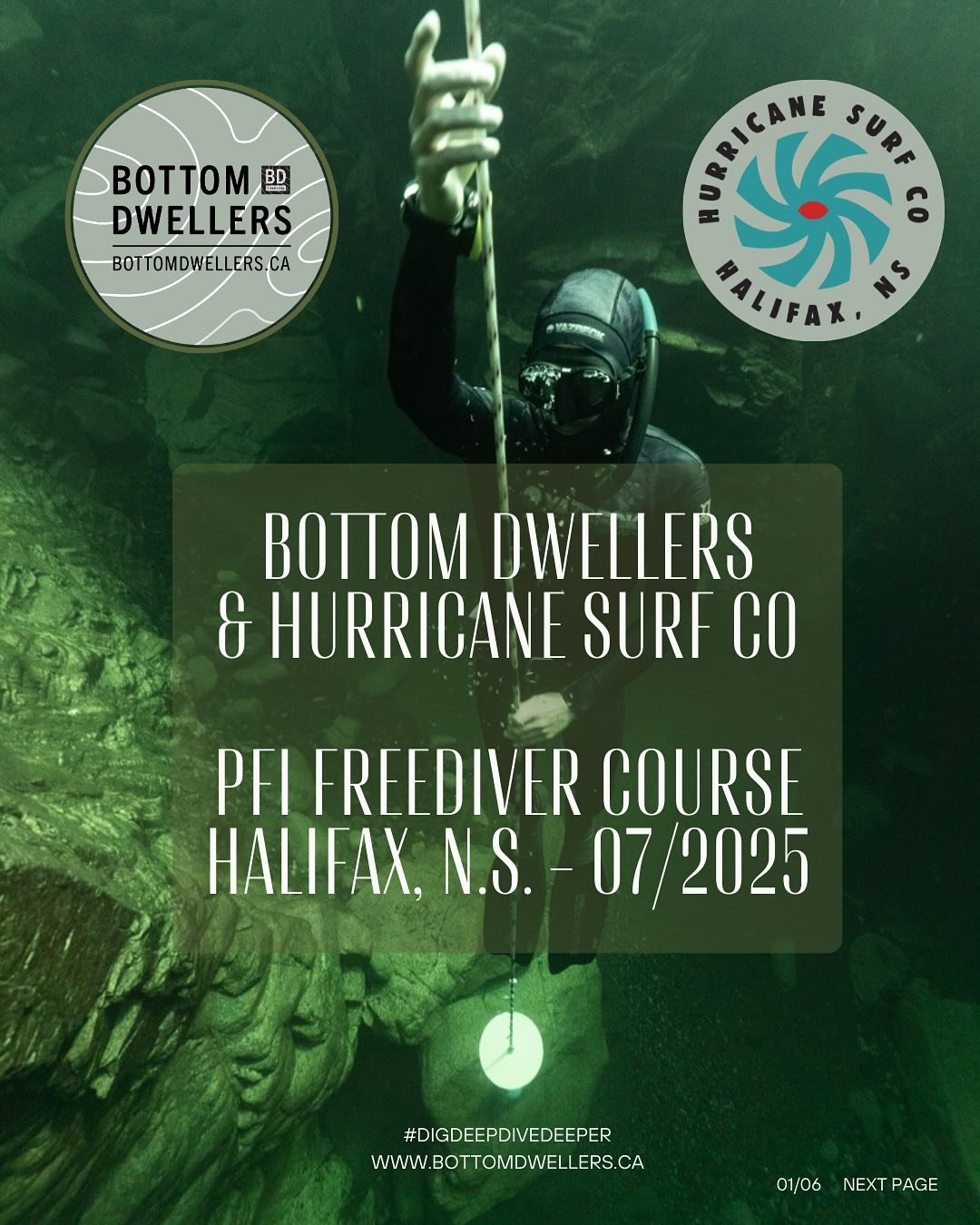 Bottom Dwellers Freediving and Hurricane Surf Co are beyond excited to announce this PFI Freediver offering happening in Halifax, N.S. this coming July 25/26/27.

Join seasoned Freediving Instructor Chris Adair of @bottomdwellersfreediving and Adam T