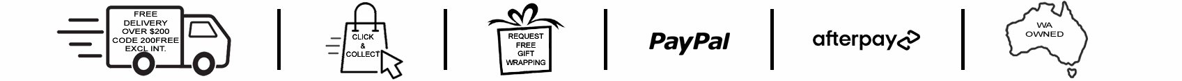 Icons representing free delivery, online order, website gift wrapping request, PayPal, Afterpay, and Washington state in the United States.