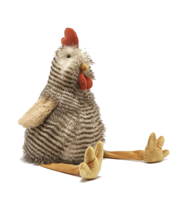 Stuffed plush chicken with long legs, sitting on a white background.