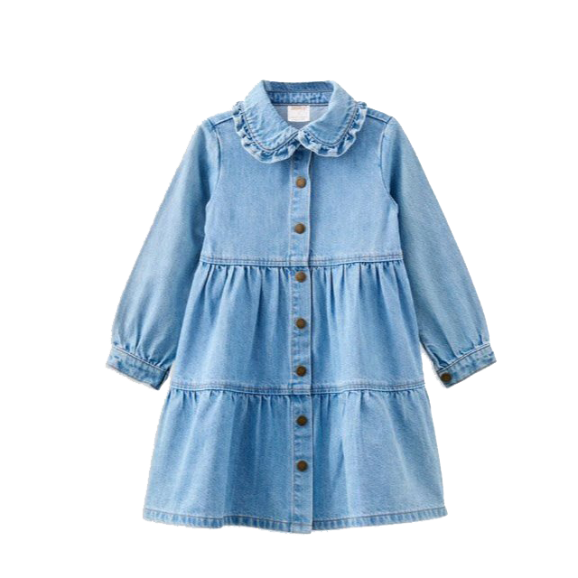 Light blue denim dress with long sleeves, tiered skirt, and ruffled collar with button front.