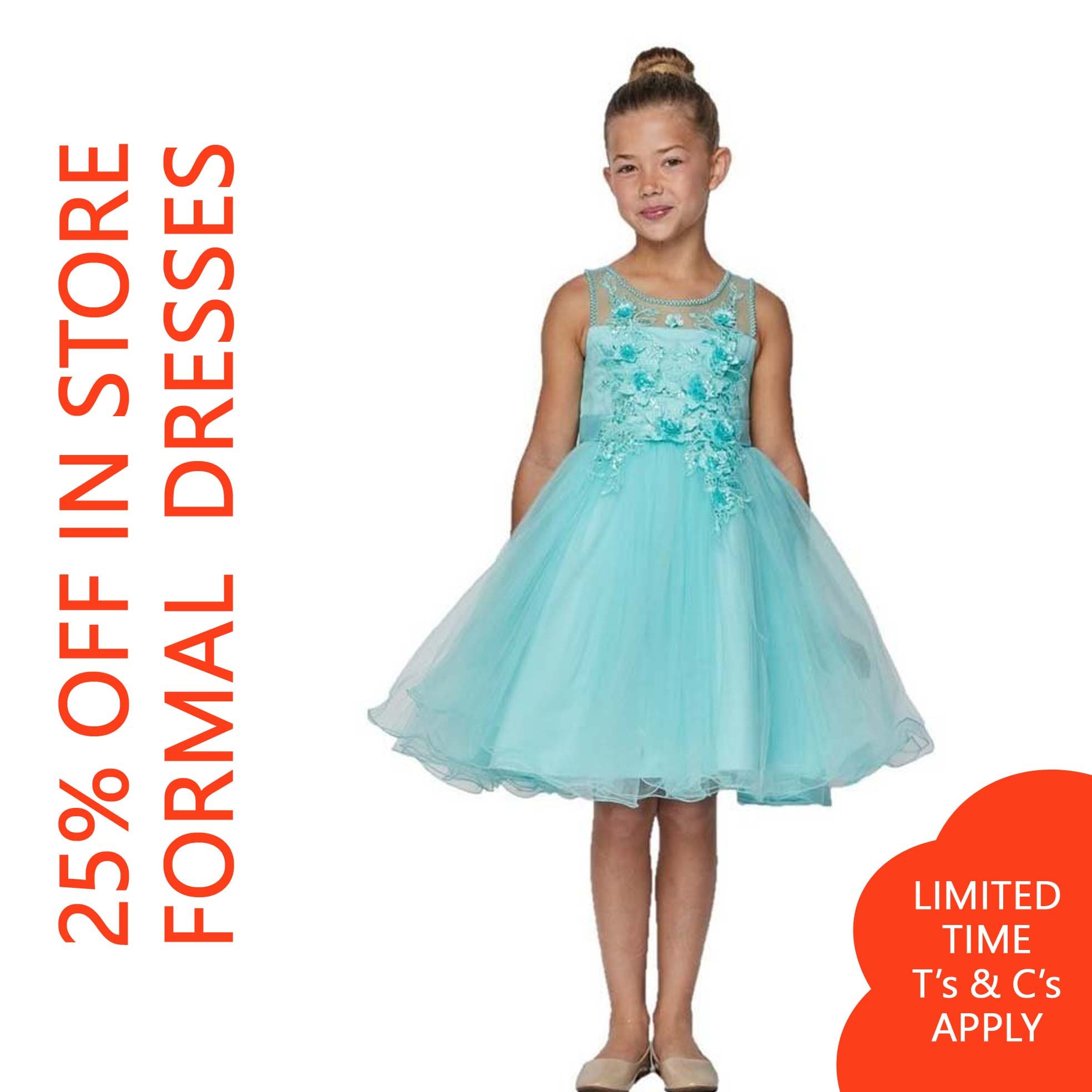 A young girl in a turquoise ballet dress stands with her arms at her sides, with promotional red and orange text overlaying parts of the image.