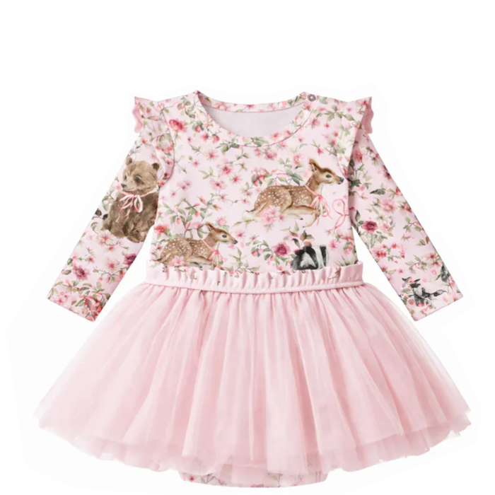 Pink dress with long sleeves, floral pattern, and animal illustrations, including bears, deer, and rabbits, with a tulle skirt.