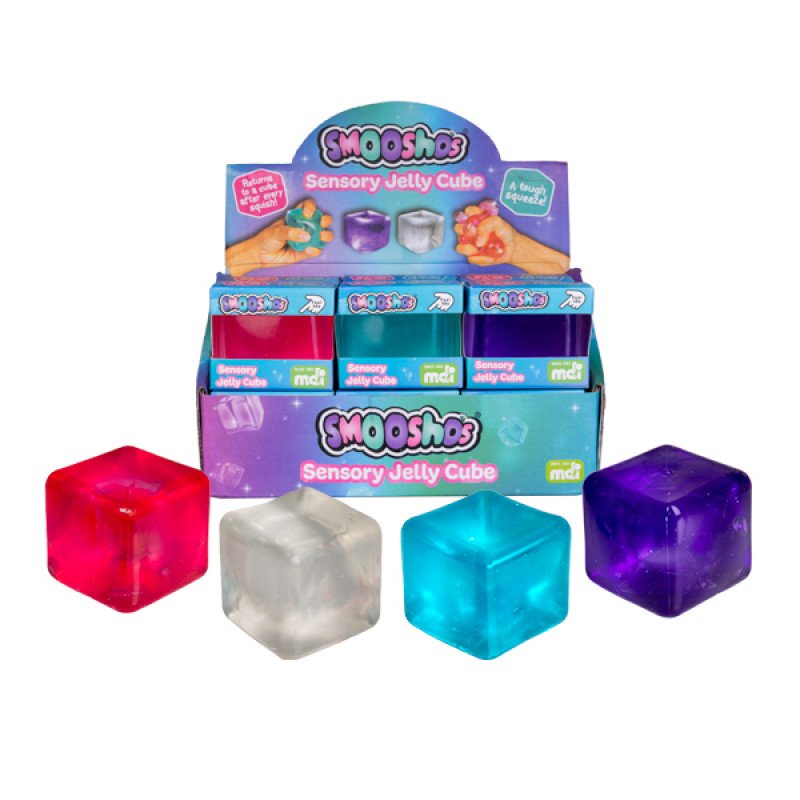 Display of Smooshos Sensory Jelly Cubes in red, white, blue, and purple colors with packaging in the background.