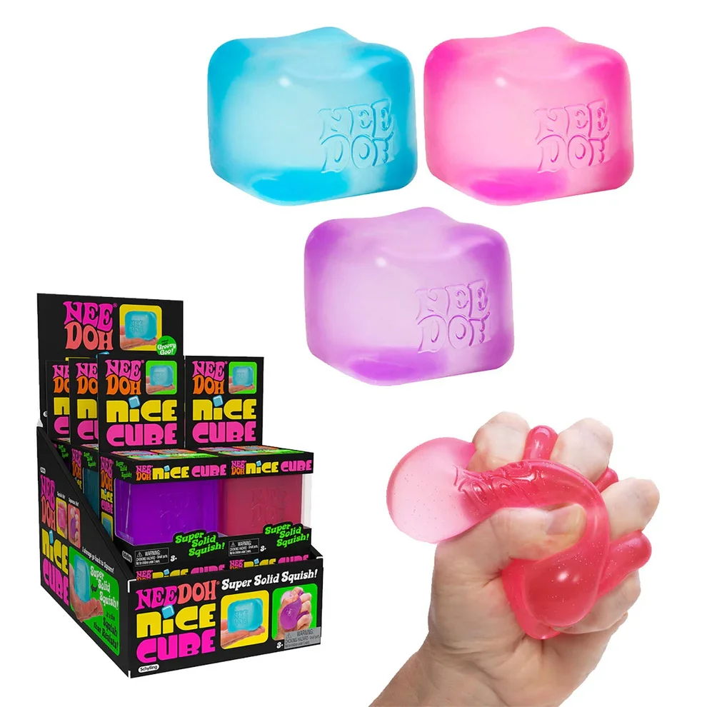 Colorful squishy toys in blue, pink, and purple, a person squeezing a pink squishy, and packaging boxes for the Need D.O.H. Nice Cube super solid squish toys.