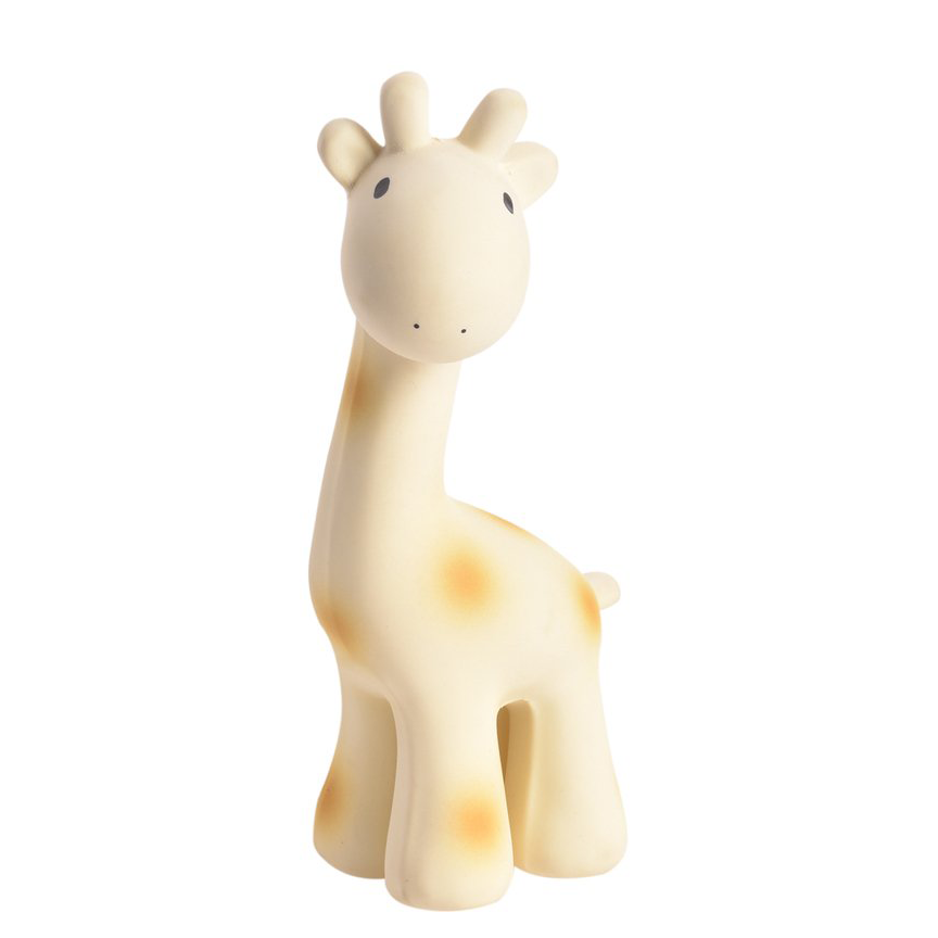 A cute ceramic giraffe figurine with a cream-colored body and orange spots, standing upright against a white background.
