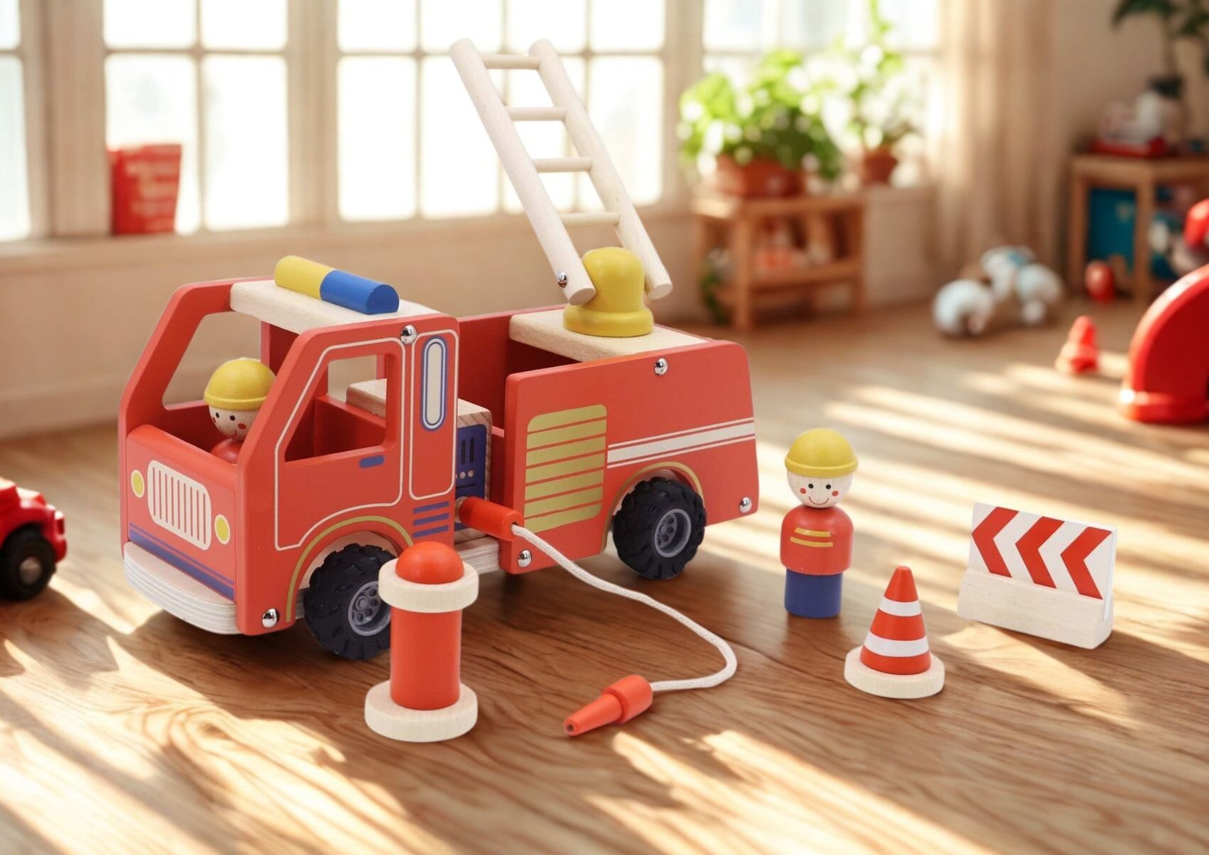 Wooden toy fire truck with toy firefighters, traffic cone, and road sign inside a sunny playroom.