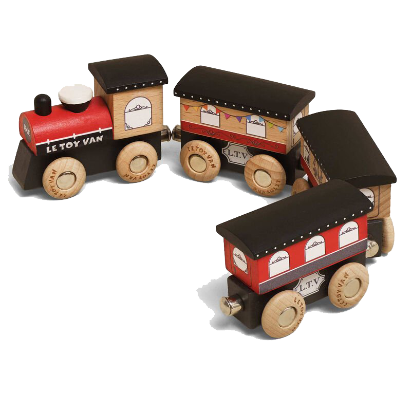Colorful wooden toy train with four cars, each decorated with different patterns, connected in a semi-circle on a white background.