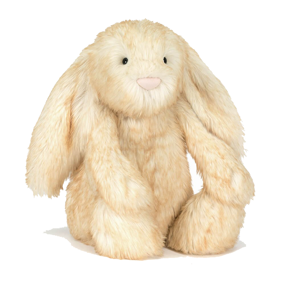 A plush stuffed animal resembling a cream-colored bunny with floppy ears, black eyes, and a pink nose.