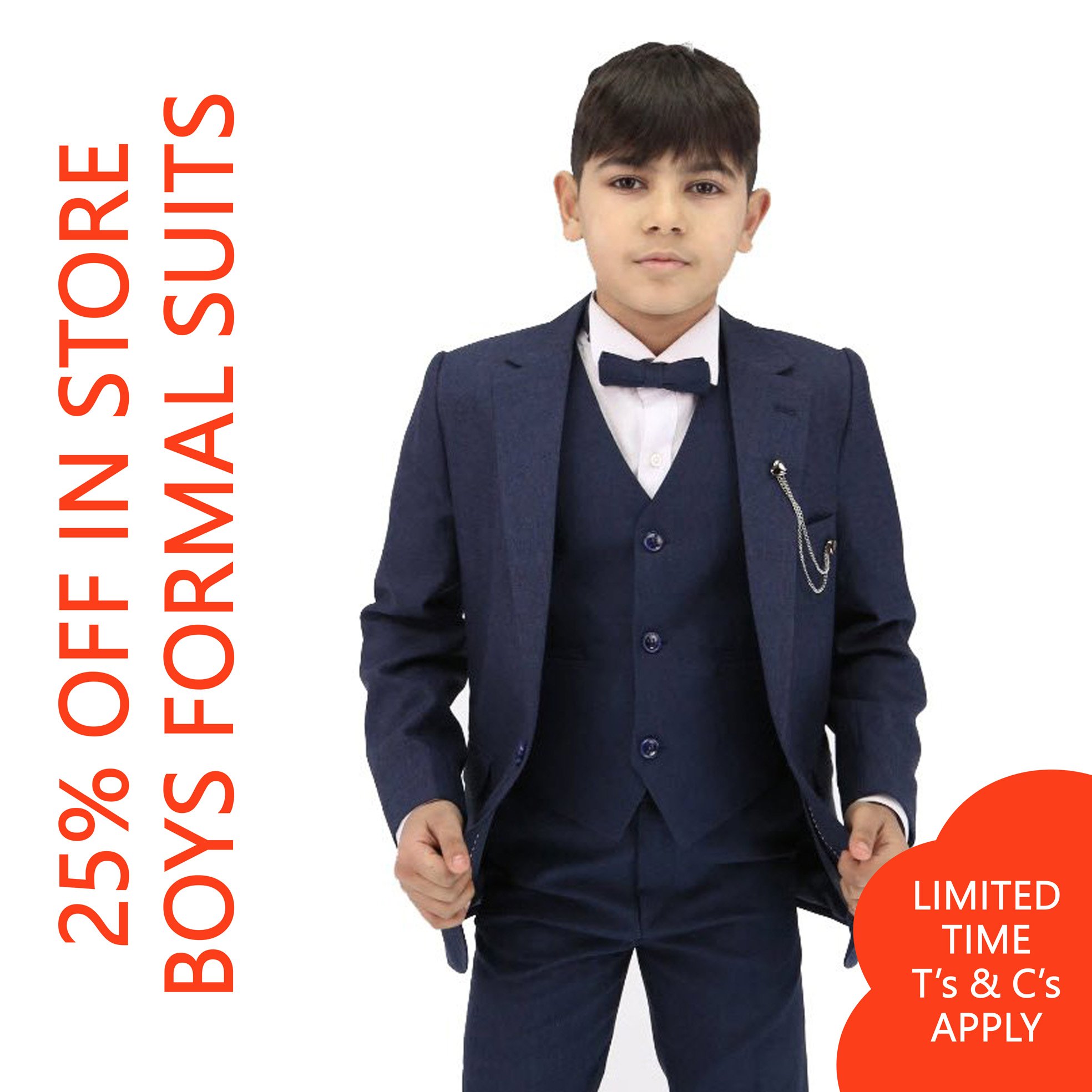 A young boy in a navy blue suit and bow tie standing with fists clenched and ready, with text on the left side about job vacancies and on the right about limited time application. The background is white.