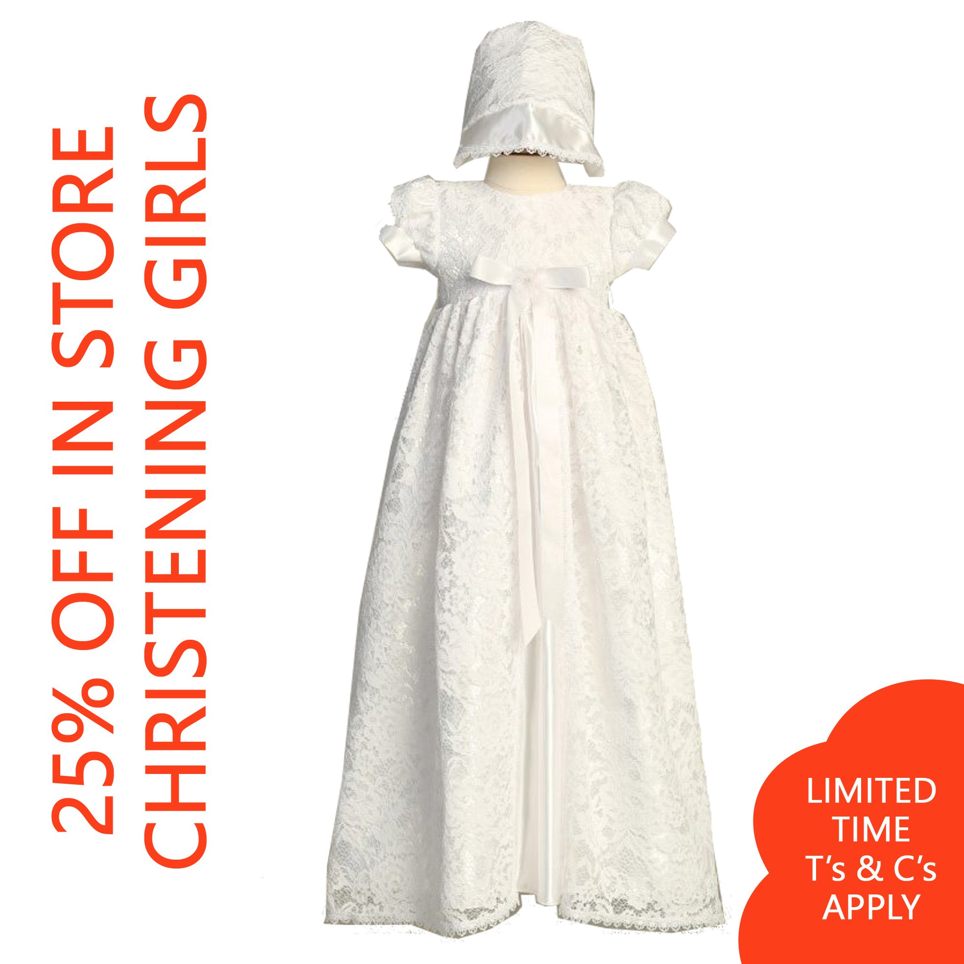Child's white dress with puffed sleeves and lace details, displayed on a mannequin. Part of a promotional advertisement with bold red text that reads "Limited Time Offer T's & C's Apply".