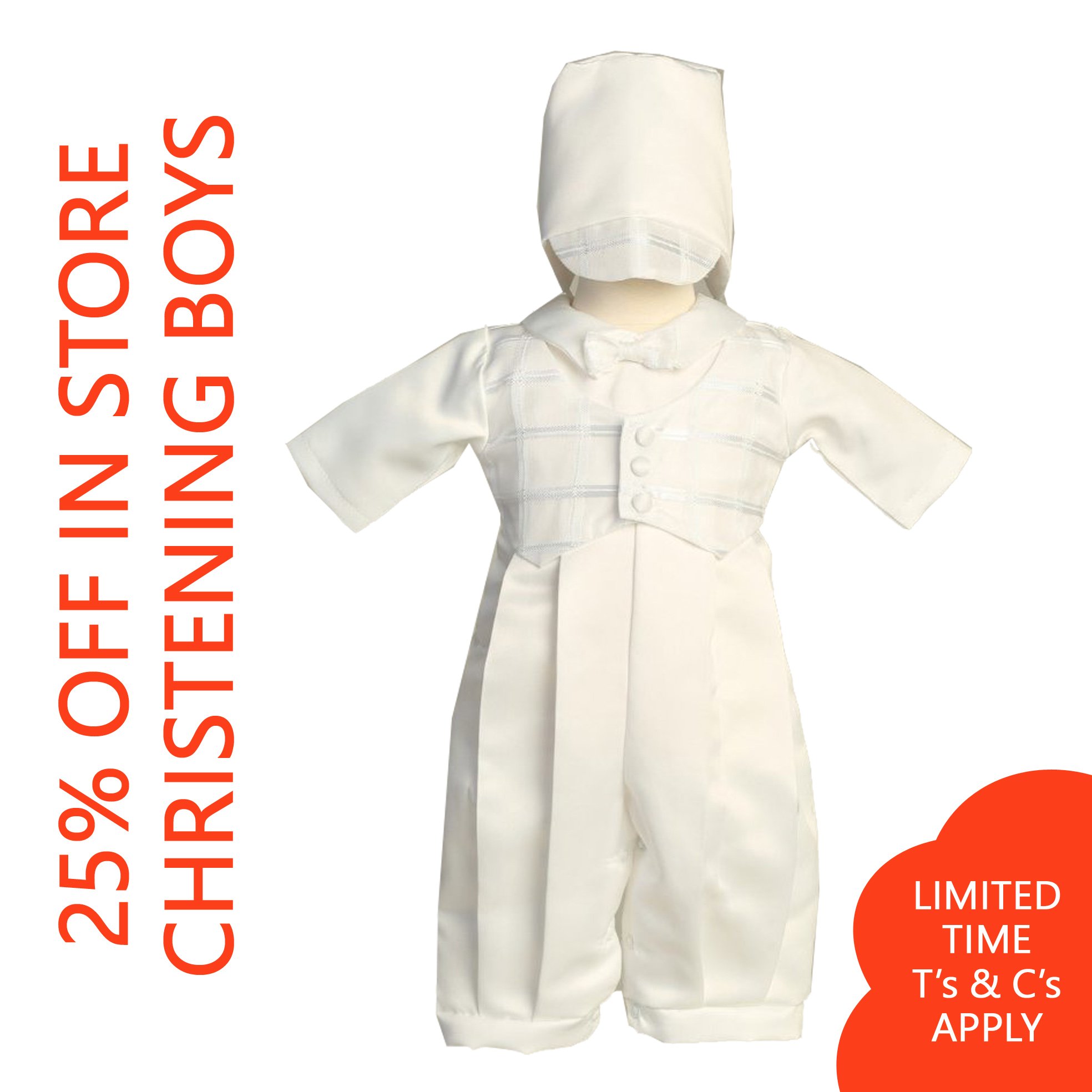 White hospital gown with a hood and long sleeves on a mannequin, with red sale and promotion text overlaying part of the image.