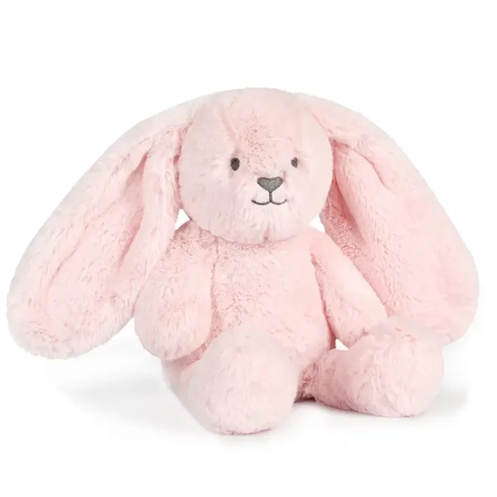 Pink plush stuffed animal bunny with long floppy ears, black eyes, and a small black nose, sitting on a white background.