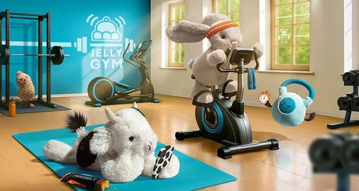 A bunny plush toy on an exercise bike in a pet-themed gym, with plush dog toys on a yoga mat and in a swing, and a blue punching bag shaped like a dog, inside a bright room with wooden floors and windows.