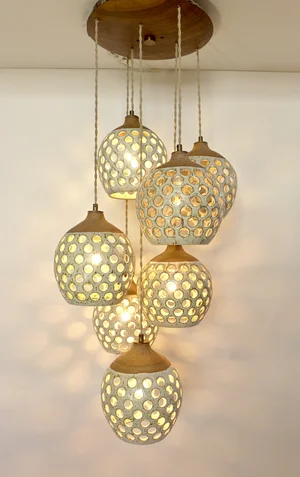 Seven Pendant Chandelier With Walnut Canopy — HEATHER LEVINE CERAMICS
