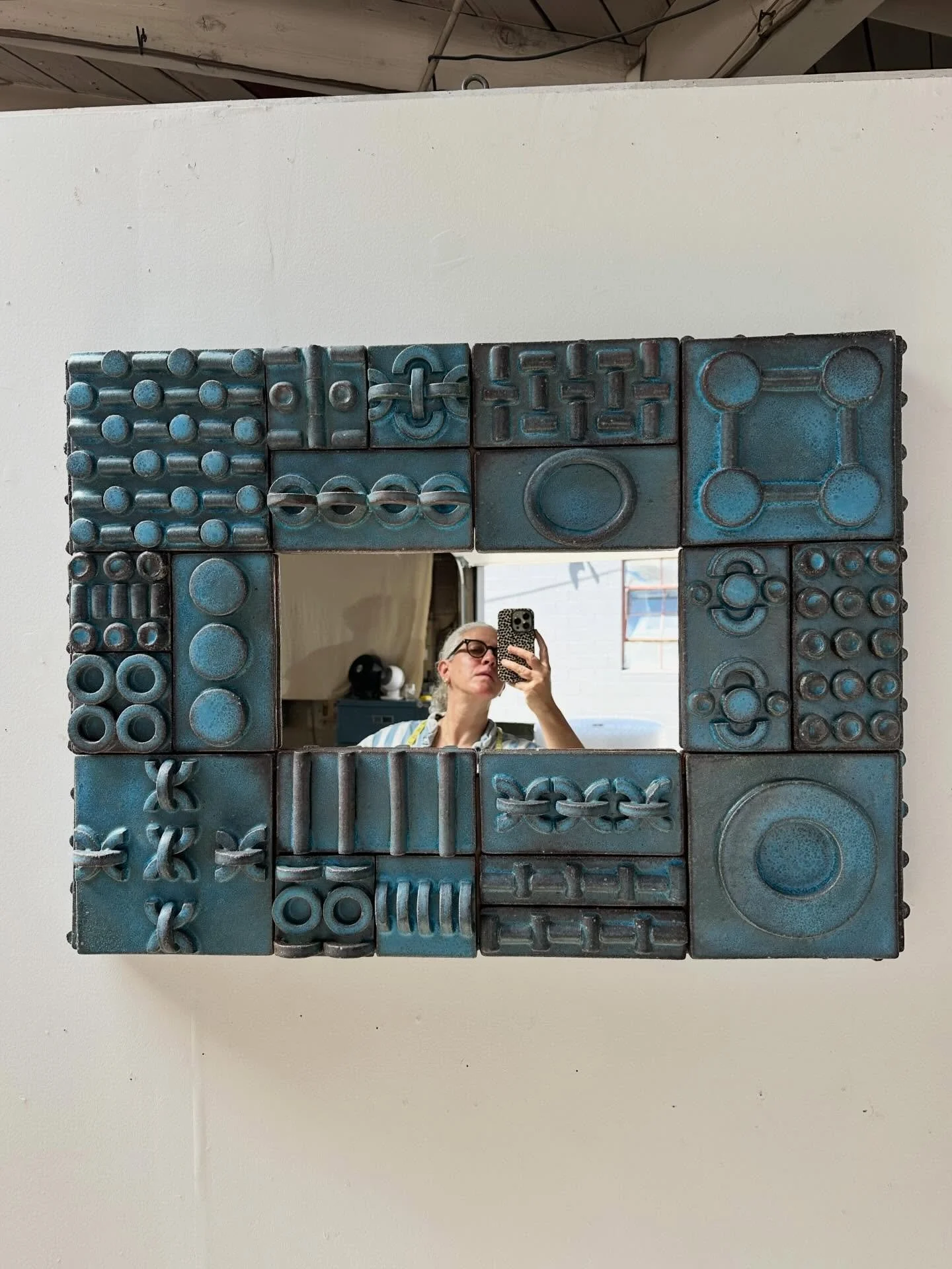 Turquoise chunky mirror is done!!!! She&rsquo;s real pretty and available and can be made in a custom size if needed.  #mirror #ceramicmirror