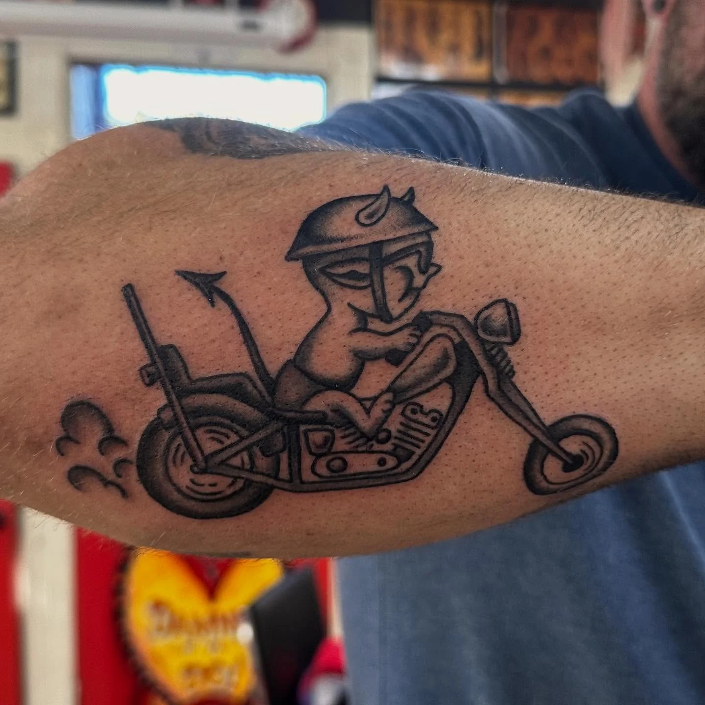 Hot Stuff Biker from my book &spades;️ 🔥 ⛓️&zwj;💥 

Come pick something for yourself, walk-ins and appointments welcome. You can catch me @atlastattoo Tuesday, Wednesday, Friday and Saturday. Appointments can be booked through my website (link in b