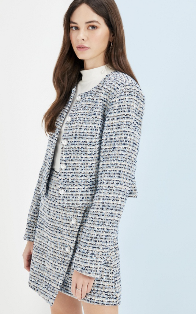 Button Front Tweed Jacket x Crossover Tweed Mini Skirt