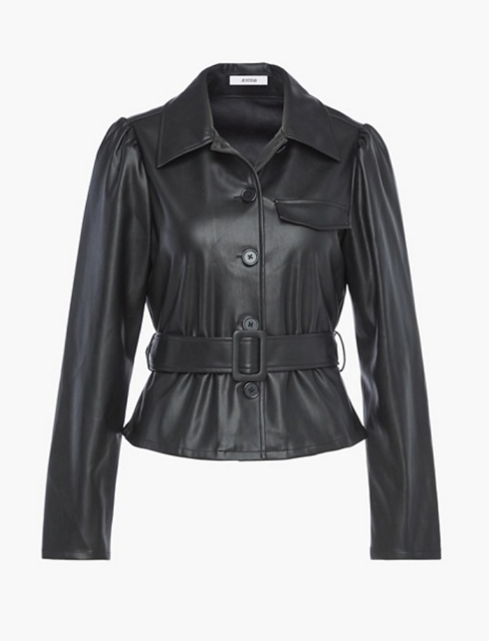 Puff Sleeve Faux Leather Belted Jacket