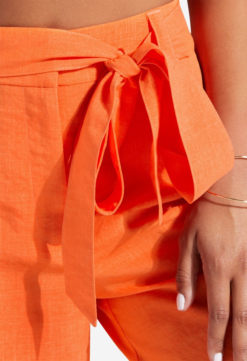 Self Tie Crosshatch Linen Culottes - Close Up