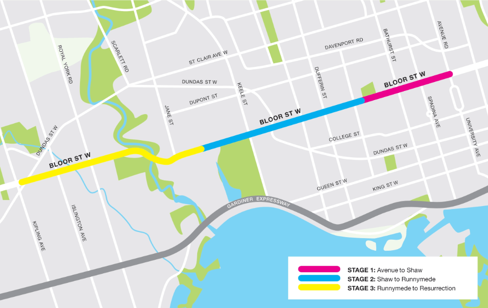 illustrated map of the bike lanes on Bloor Street in Toronto