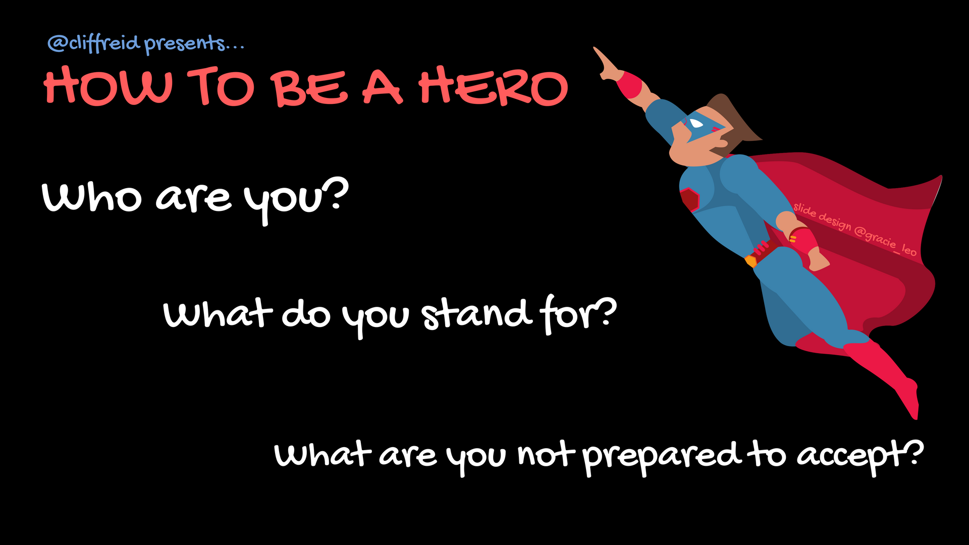 In this second option, the text is shifted to follow the line of the body of the superman figure to create a smooth reading from the top left corner to the bottom right corner. Once you're at the bottom corner, your eye can track back up the superman to see him pointing right back up at the title of the slide.
