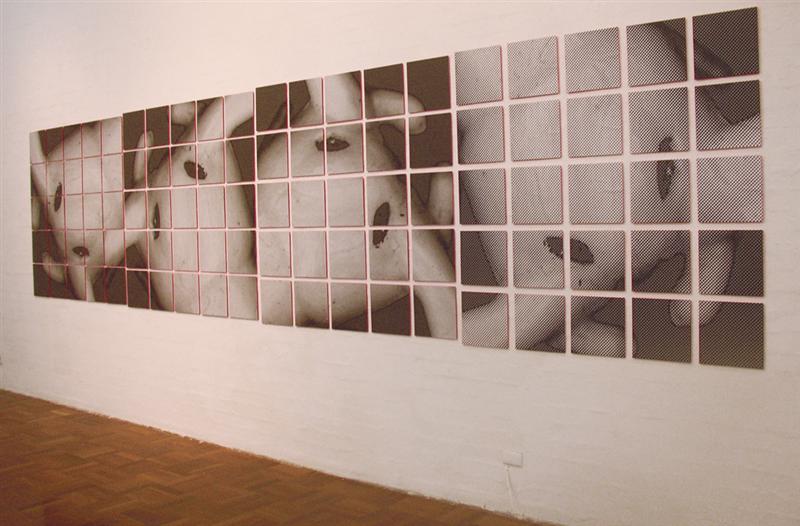 Erica Seccombe, Momentum , 2004, (Surface for Air) photocopy on 100 panels (30x30cm) backed with fluorescent paint, installed in the exhibition, 2x4 , ANU School of Art Gallery, 29 April - 1 May 2004