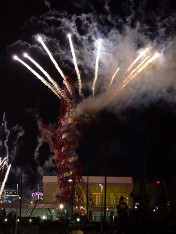 Anish Kapoor’s 115-metre ArcelorMittal Orbit tower about to take off on the 2012 London Olymics opening night. Taken from the Quebec ACME flat, Bow Quarters: photo: Erica Seccombe