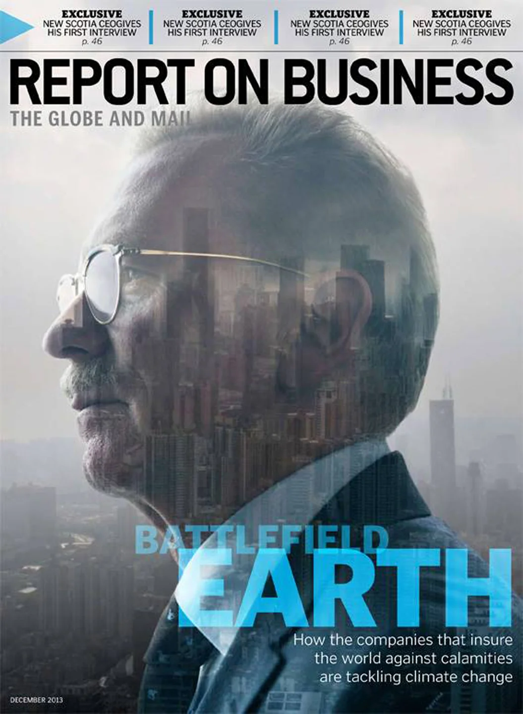 Side portrait of man in suit and glasses gazing into the distance superimposed on cityscape