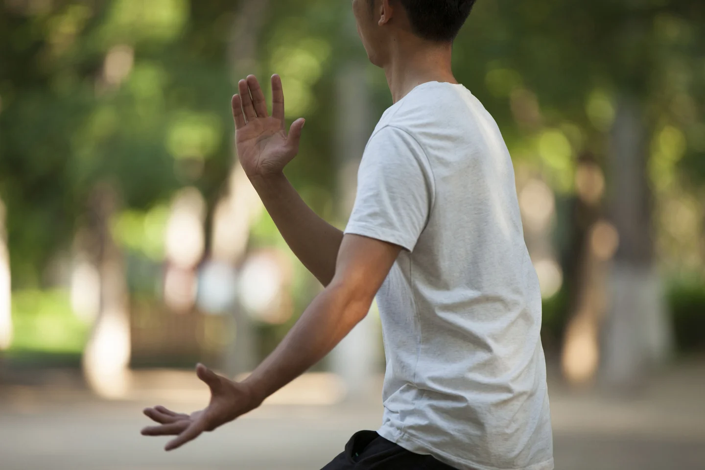 Man in t-shirt practicing Tai Chi in park