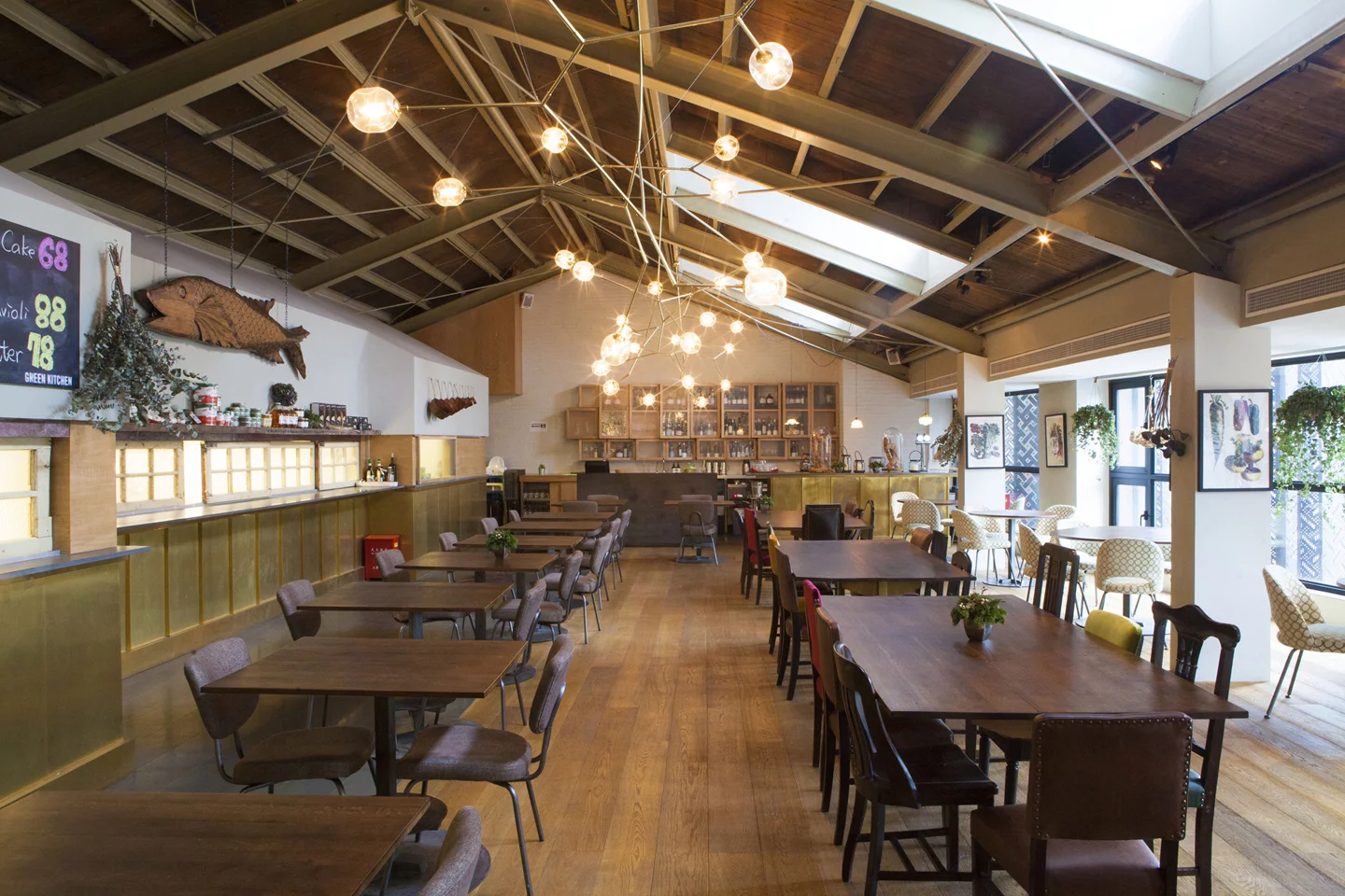 Empty cafe with wooden tables and chairs