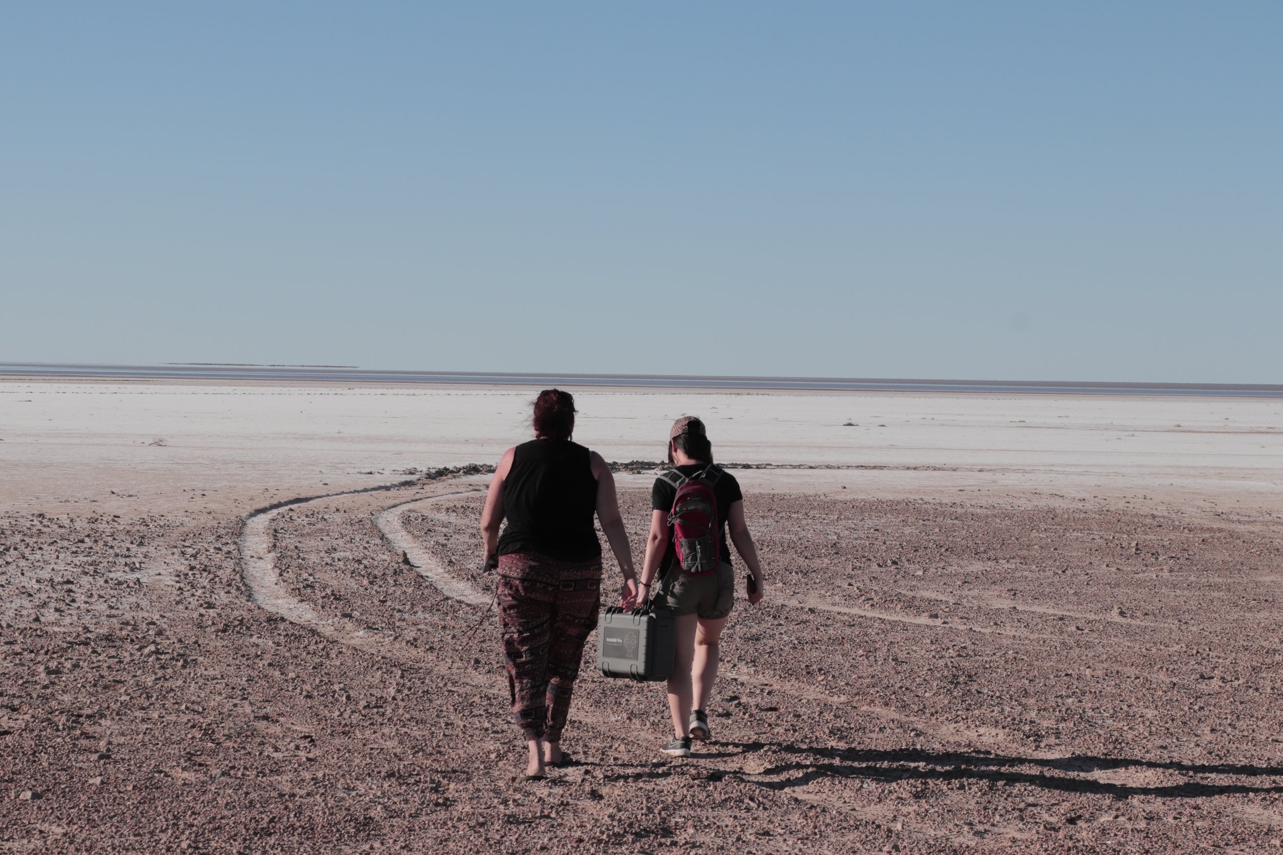 Colleen and Vivian go to set-up for filming on Kati Thanda Lake Eyre (photo Eleanor McCall).JPG