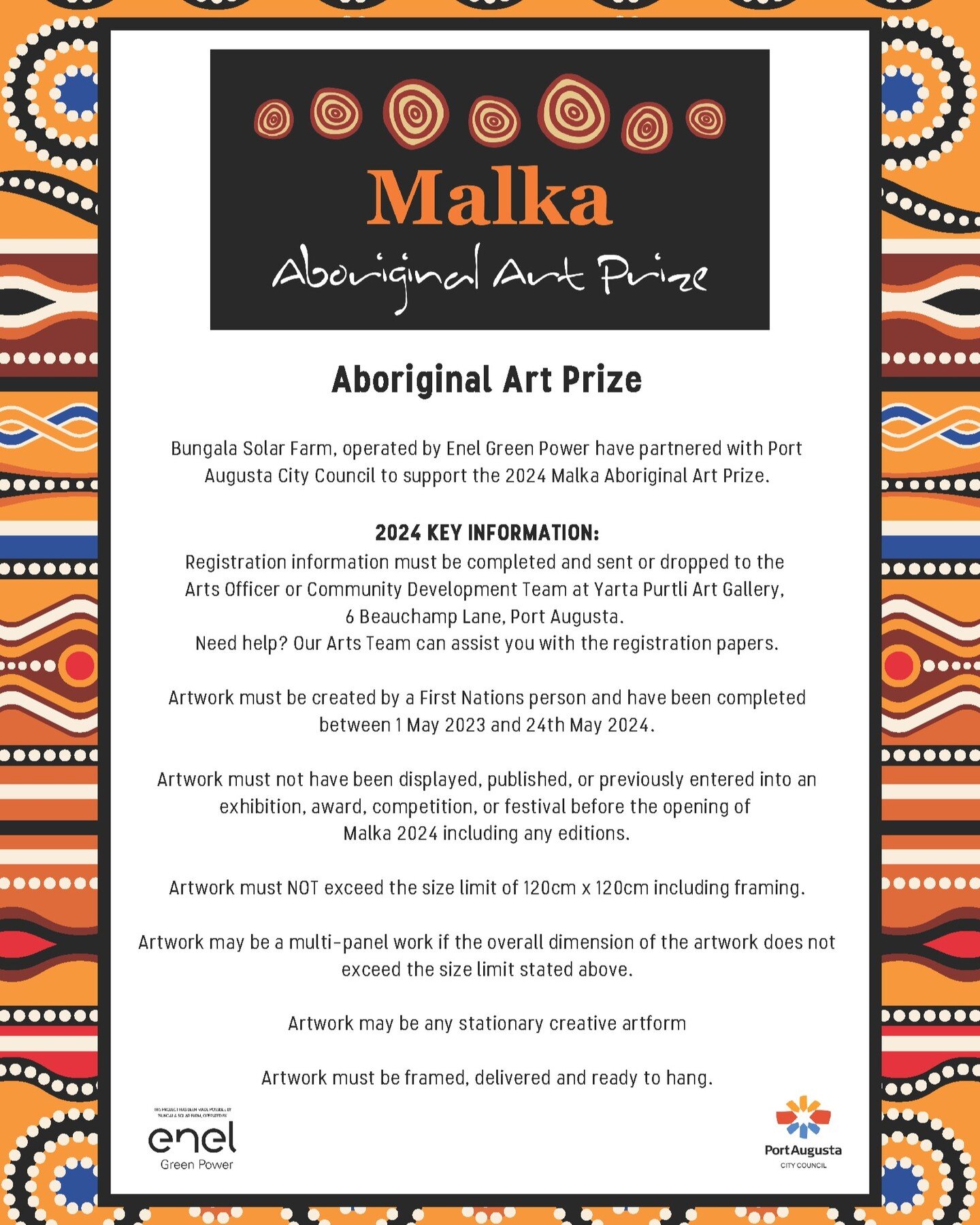 MALKA ABORIGINAL ART PRIZE // Registrations are now open for the 2024 Malka Aboriginal Art Prize! Head to the link in our bio for further details including eligibility criteria and artists registration forms.
&bull;
Ku Arts will again be sponsoring a