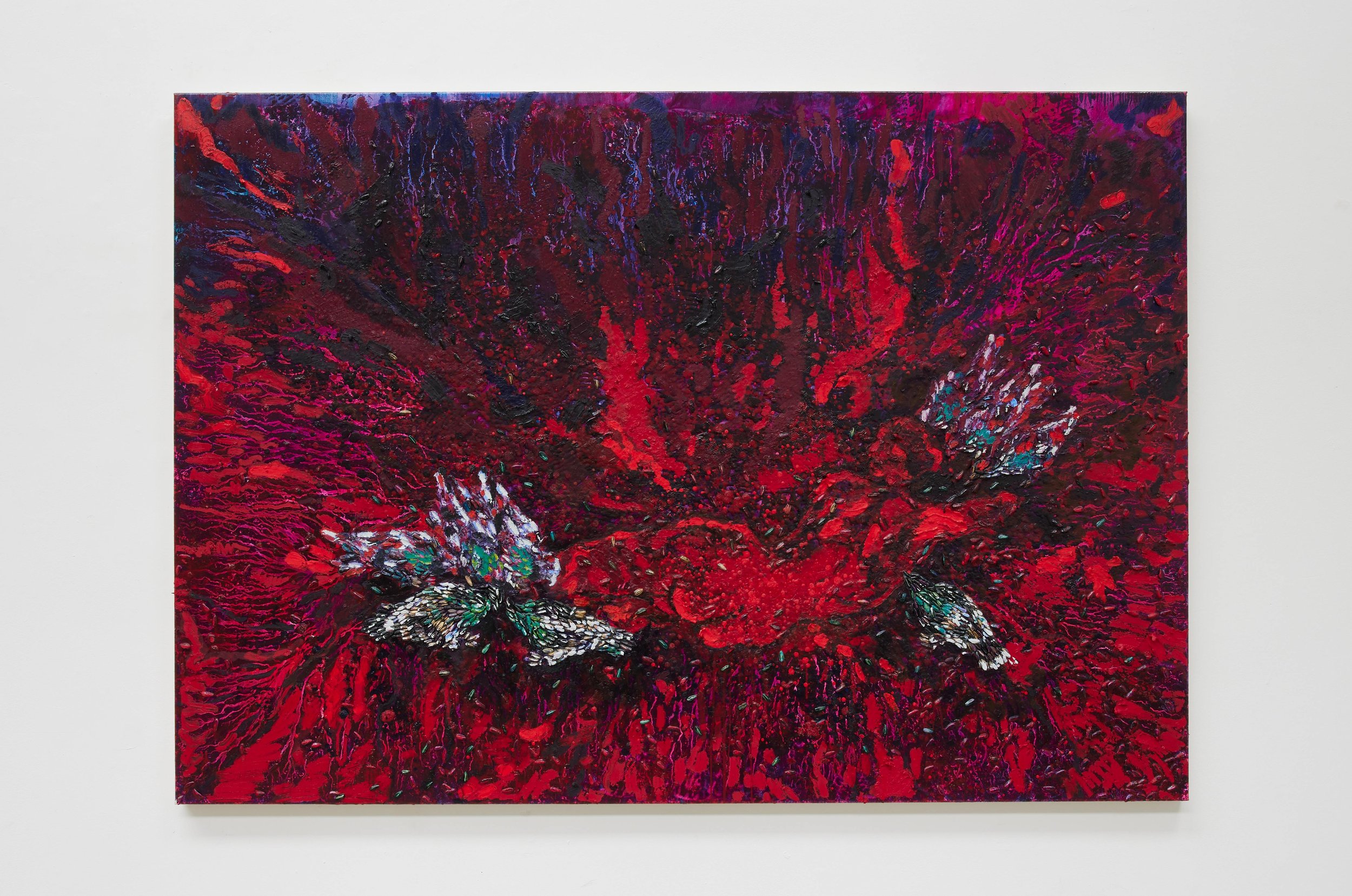 Katie Tomlinson _ MA Painting MA2 _ Corpse, 2023, 140 x 200cm, Oil, Oil Bar, Fabric Dye and Sunflower Seeds on Canvas.jpg