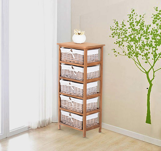 Homcom 5 Drawers Storage Unit Wooden, Wooden Frame Wicker Basket Drawer Storage Unit