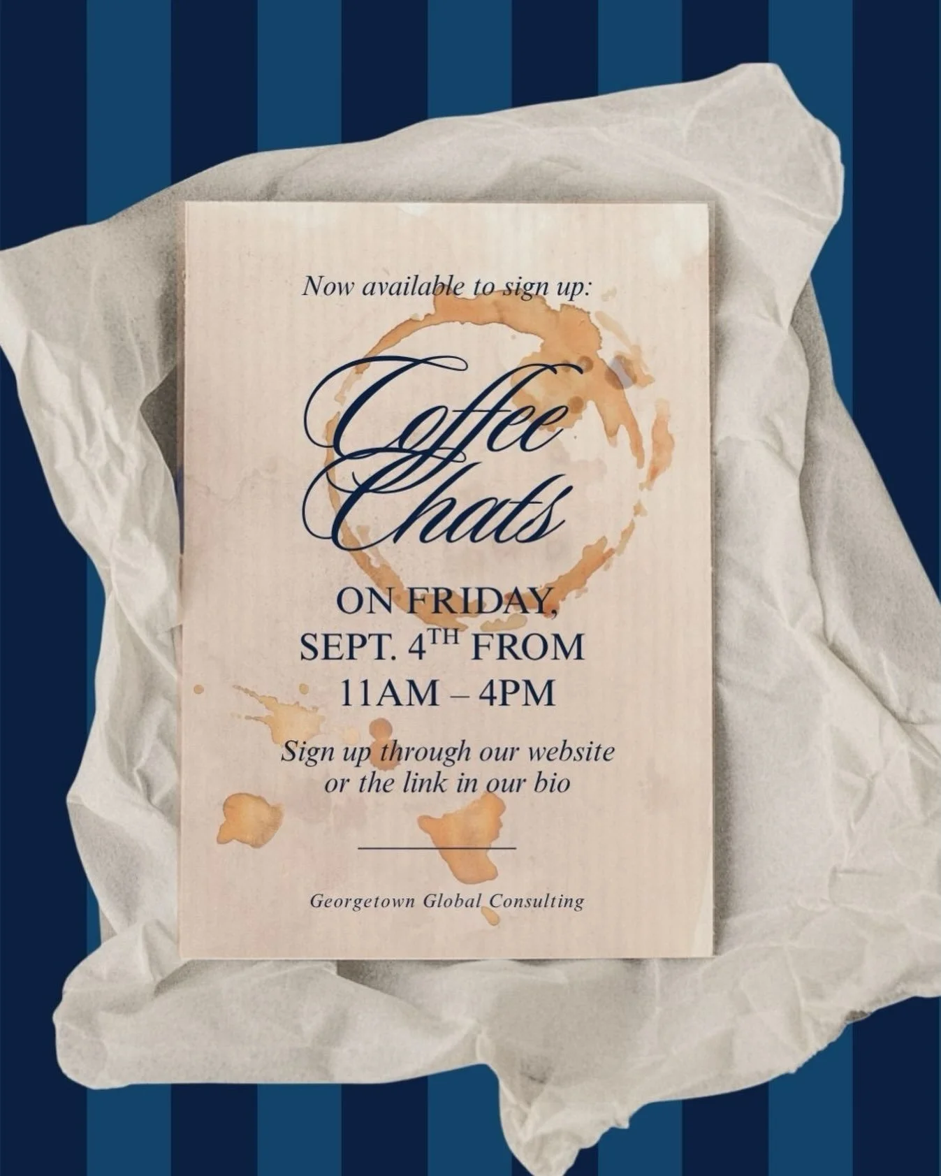 Coffee chats are officially open! 

Join us this Friday, September 4th, from 11 AM&ndash;4 PM for a 1-on-1 conversation with a GGC member. Ask questions, hear about their experience, and get a better feel for GGC before applications close. 

Sign up 